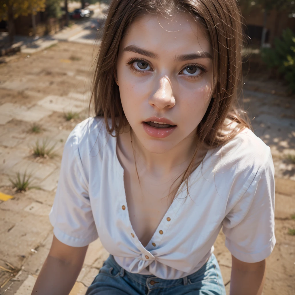 A shocked looking young woman shot from above 