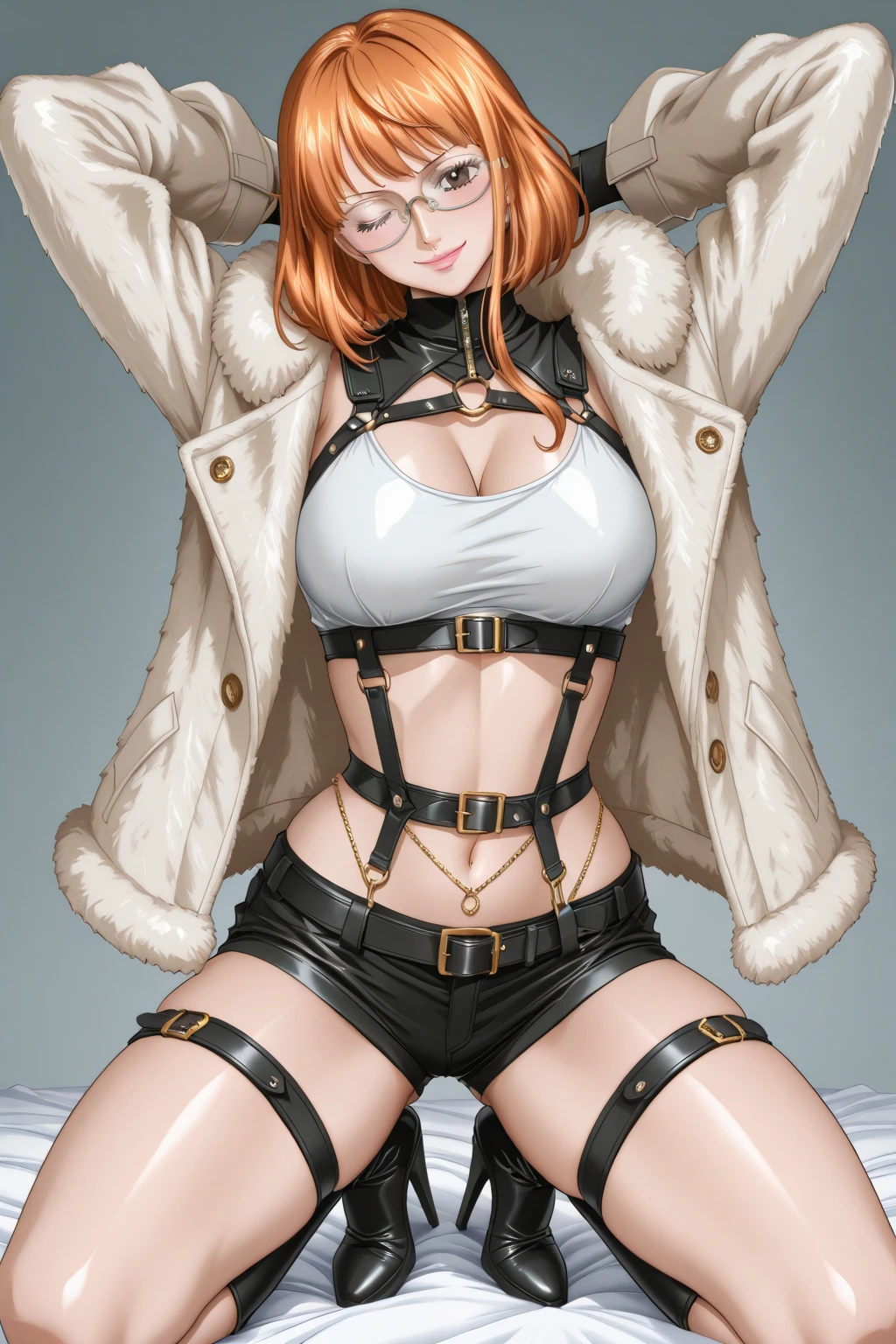 (((Annie Lennox))), (((copper color suit))), (scars), (((bandaged arms))), (((Copper-colored clothes))) ((fur hood)), (((best qualityer: 1.4))), (Unbeatable masterpiece), (hiper HD),(CG 8k hyper-realistic), (((brave face))), (((breasts big))), (((hyper feminine))), sexly girl, black tattoo,（ultra short red hair with white highlights)), ((( sculptural body ))), (((1 Kizi))), Kizi tatuada de 25 anos com perfectbody,,Beautiful and well-groomed face,muscular body:1.2,solid color detailed jacket, (Head to thigh photos)， Complex equipment, copper，Tight clothes，With white stars and off-white stripes,,,,,Armor Metal Electronic Parts, Poison tattoos ) INFO, Kizi, (((standing alone))), pirralha violent, (((14歳))), sexly, pose de atitude, work of art, post-apocalypse, (((manga style))), bounty hunter, violent, Manic, the way you want, perfect body, roupa moderna, advanced technology, Pleated mini skirt with checkered pattern in red and black, fur collar jacket, sleeves with vertical striped pattern, neutral background, (( cowboy shot )). intricate visual, narrow waist, (((wide hips))), fit thighs, thigh gap, background has futuristic airplane