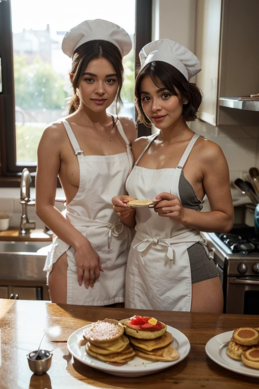 Young girl of 10 years old with an young mother, in kitchen, wearing apron, and lingerie