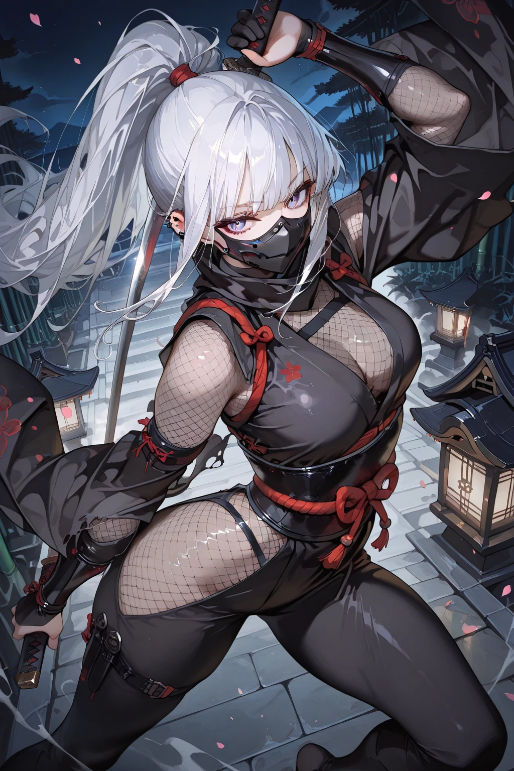 Silver hair, female ninja, black clothing, cleavage, sarashi on chest, claws on hands, black eyes, bottom angle, woman, moonlight, night sky, samurai residence, thighs, acrobatic  