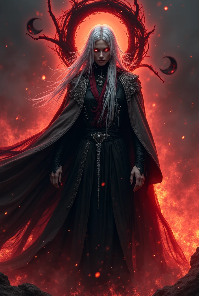 painting of a demonic beautiful devil woman,dressed in a black business suit, long white hair, sinister grin, glowing eyes, full-length against the backdrop of hell, powerfully and depravedly sitting on a black stone on a hill, Boris Valeggio, Julia Bell, brutal demons with red glowing eyes on a chain in a collar,on either side of her in the darkness, are deep shadows, soft lighting, dark atmosphere, cinematic scene, volumetric lights, ultra realistic, in the style of nicola samori
