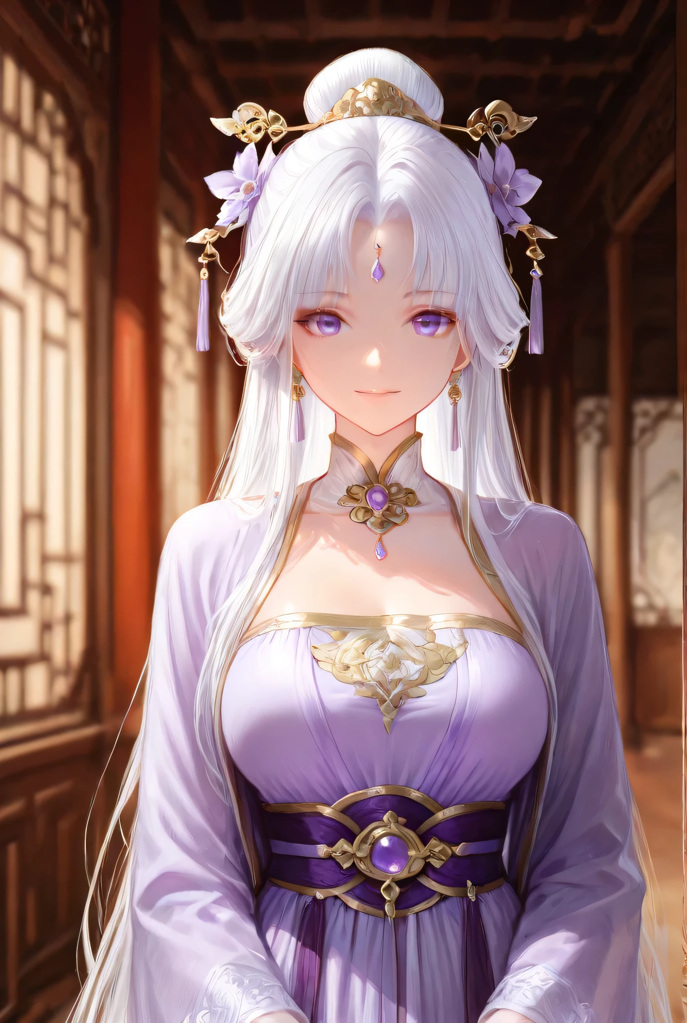 best quality,A flowy, with white hair adorned with light purple flowers standing against the backdrop of a wood-paneled room, It is recommended that the interior environment use traditional architectural elements. She is wearing an elegant Hanfu with rich purple hues, focuses on a lighter lavender belt. This dress is wrong Intricate gold trim,waist with a decorative brooch, upper body structure. The soft colors create a harmonious balance, enhances the overall elegance and nobility. Soft, The ambient lighting casts soft shadows, emphasizes the texture and folds of the fabric. The image exudes a serene and dignified atmosphere, ,Pay special attention to allusions to fantasy or history in costume design Background details. Chinese court with a blurry background, ,focuses on characters and elaborate clothing,Full breasts.