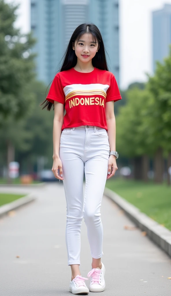 Beautiful asian women with brown hair, white tsirt and long pants blue jeans,holding a white and red flag, and wall in the back with text "I Love INDONESIA " and showing it to the viewer