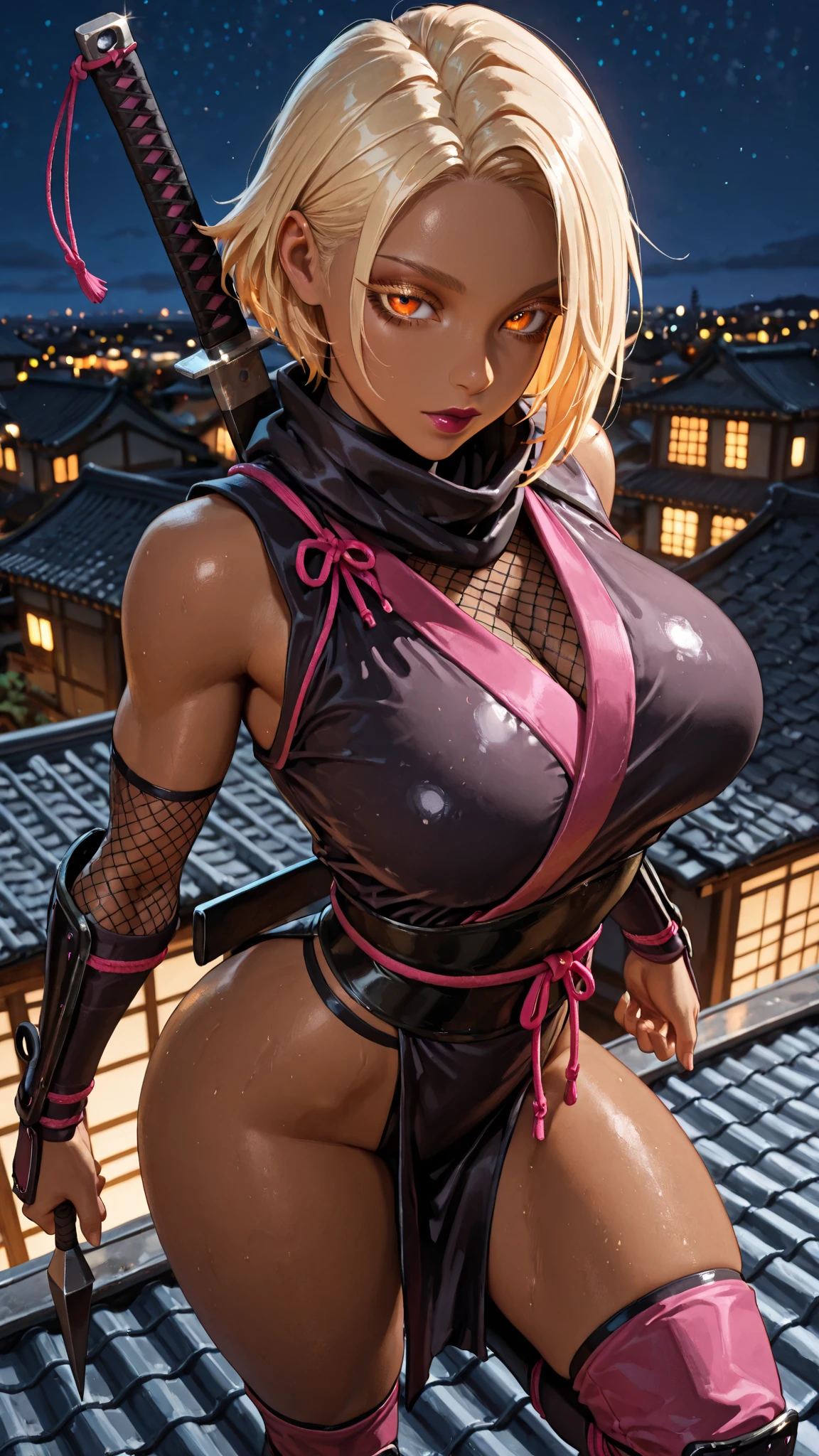  ((Master quality, 8K, masterpiece:1.3, ultra-detailed, high resolution, RAW Photos, detailed , blurry, Actual, ((hyper realistic)), photo, HDR)), BREAK, Anatomically perfect, perfect hands, perfect legs, perfect feet, detailed eyes, BREAK, , tsukuyo, blonde hair, purple eyes, folded ponytail, hair ornament, One woman alone, BREAK, beautiful face, beautiful detailed eyes, ((( , Sitting, Looking back, Spread ass))), , ( Round and Stacked Breasts,  ), Cleavage, curvy, (((, seductive smile ))), Sweat-soaked skin, BREAK, wearing(  (()), Sexy kimono, backless, Off the shoulder, ,  , Loincloth  fundoshi,, Wet:1.5, ), ,  Graffiti art, BREAK, ( Random Angle, full-body, ), dynamic angle, , background(Realistic , cinematic lighting, depth of field, indoor, Japanese style Red light district, , A flirty atmosphere, night,  , light particles)