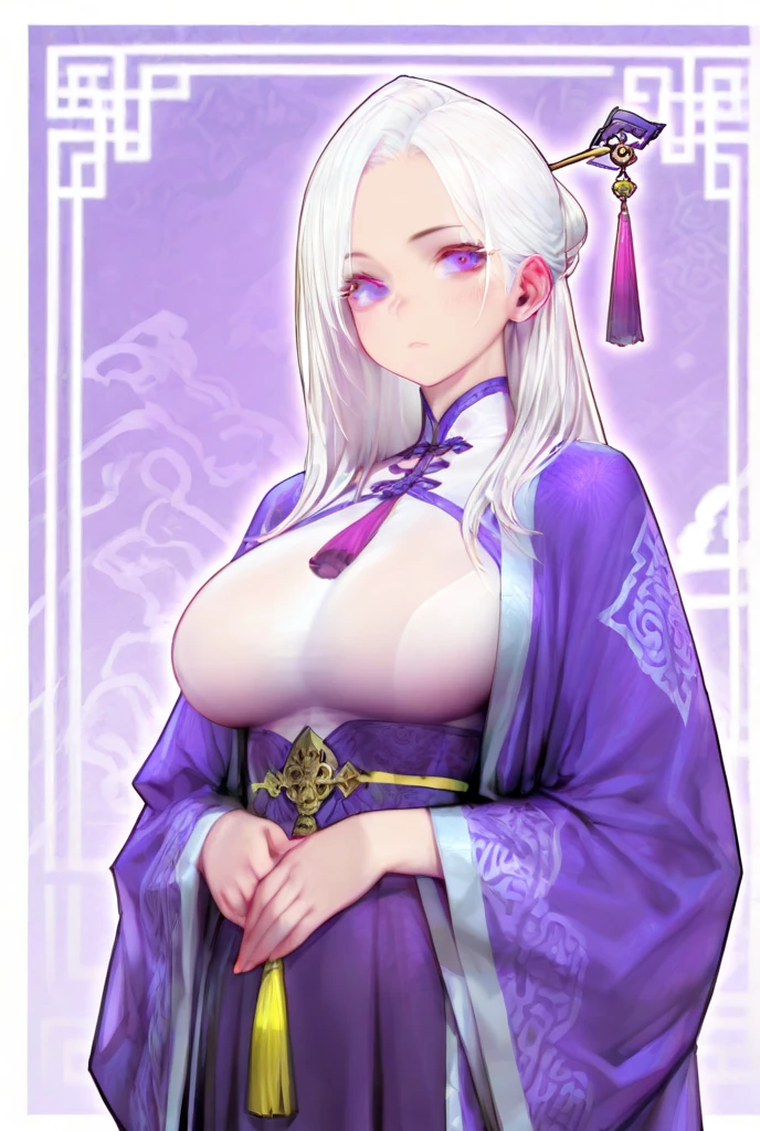 (masterpiece, top quality, 1 female, solo, exquisite details, chromatic aberration), (realistic), (skin), ((breathing)), (silver hair, blunt bangs, short cut straight long hair, short cut bangs, silver hair), beautiful hair, red headdress, blue highlights, hair over one eye, cute eyes,purple eyes, thick lips, earrings, piercing eyes, ((gold and white kimono)), ((symmetrical eyes)), ((perfectly symmetrical body)), ((perfectly symmetrical hands)), (purerosface_v1:0.3), night, (((self, natural light))), bright lighting, flowers blooming in the background, front of viewer, ((central shot, from the front, (face and waist))), mysterious atmosphere, flowers blooming around, light colored background, fortune teller in kimono, beautiful fortune teller, fortune teller, fantasy female fortune teller, female fortune teller, f Fantasy photography, magician, witch fairy tale, Japanese style, elegant cinematic fantasy art, fantasy woman, magician portrait, casting a spell, fortune teller, A powerful wizard stands in a mysterious forest, fluttering robes adorned with symbols, holding a glowing heart crystal ball, eyes glowing with mystical energy, spells leaking from his mouth, vivid swirling patterns of black magic pulsating in hues of red and blue appear in the air, magic permeates, flowers bloom and sacred creatures gaze in awe, threads of magical energy dance, revealing hidden realms and unravelling secrets, capturing the essence of this enchanting moment and bringing to life the mysterious power of black magic on a canvas of the highest quality and finest detail. Top Quality, Masterpiece, Ultra High Resolution, (Photorealistic: 1.4), RAW Photo, Sharp Focus, High Resolution, Detailed Skin, .