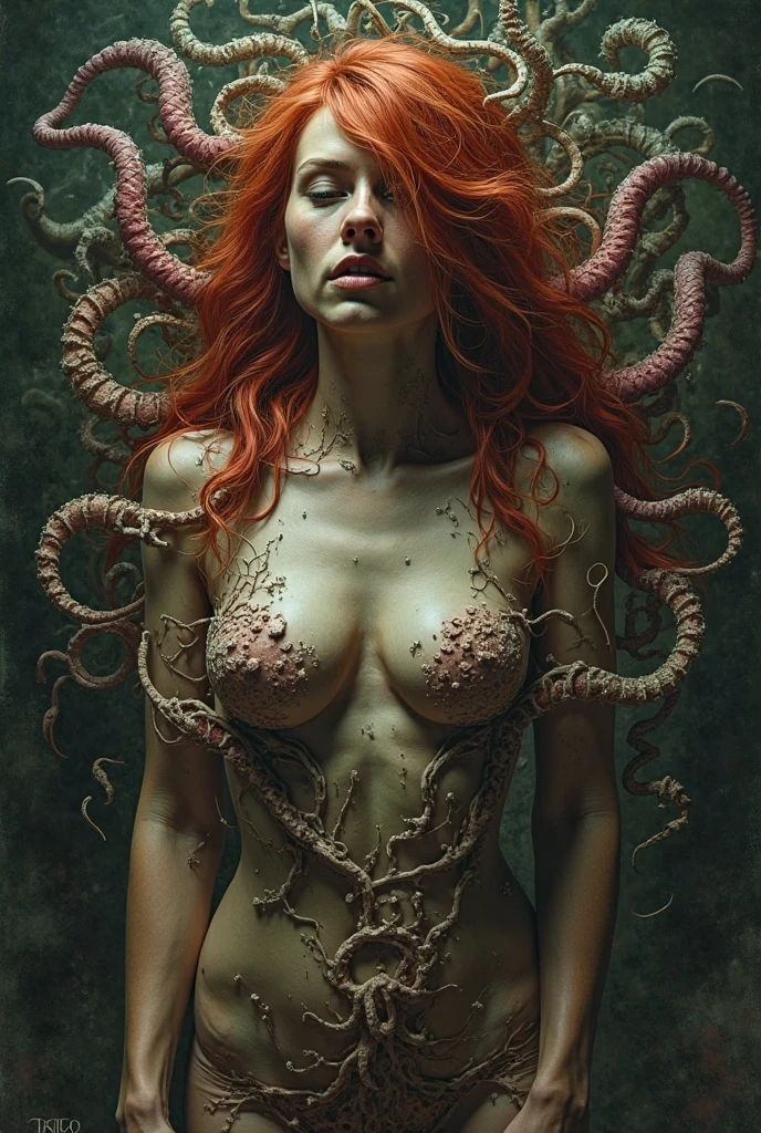 
((Katherine McNamara in a wedding dress)), ((deepthroated by big tentacles)), views upwards to a giant tentacle, ahegao, focus on big tentacle, looking at tentacle, ((slugs crawling om her face)), horny, red lipstick, pleased, moaning, skinny body, red hair, wet hair, large breasts, large ass, flat belly, narrow waist, (cum all over), covered in cum, wet hair, tentacles, tentacles sucks breast, ((throat bulge)),tentacle squeeze breast, tentacles licks breasts, tentacle penetration, fucking tentacles, tentacles around throat, ((slimy tentacles)), sodium light, impaled with tentacles, horror, hyper detailed, 8K, masterpiece, Eldritch abomination, (mind flayer:1.5) (bride of Cthulhu), church of Cthulhu, torture chamber, ((tentacles on the floor and crawling up her body and mouth)), (white thong), ((gates of Cthulhu open))
