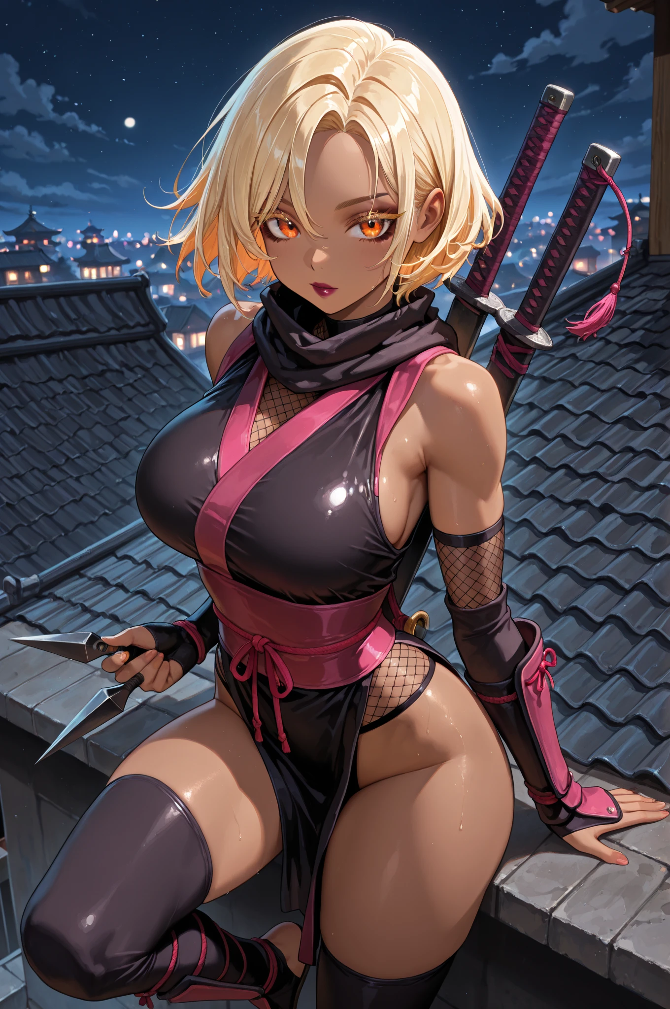 Highest quality,Ultra HD,Best AI Images, Full body photo,(beautiful face like a Japanese actress), ((Blonde 1.2))，((Sweaty))，Very detailed vfx portrait of, Female Ninja, Japanese kunoichi, cgsociety and Zhong Feng Hua, Covert behavior, Female Ninja, ((Scene of fighting with a short sword)),Scene of fighting with a short sword1.3,Portrait of a Japan woman, , Trending on deviantart, ((Gray short ninja costume 1.5))，((sexy kunoichi,Big Breasts)), Japanese spy, 3D Rendering, (Beautiful Face 1.5), Key Visual, Vibrant, (((Background of the river at night 1.5))), Very detailed, growing up,