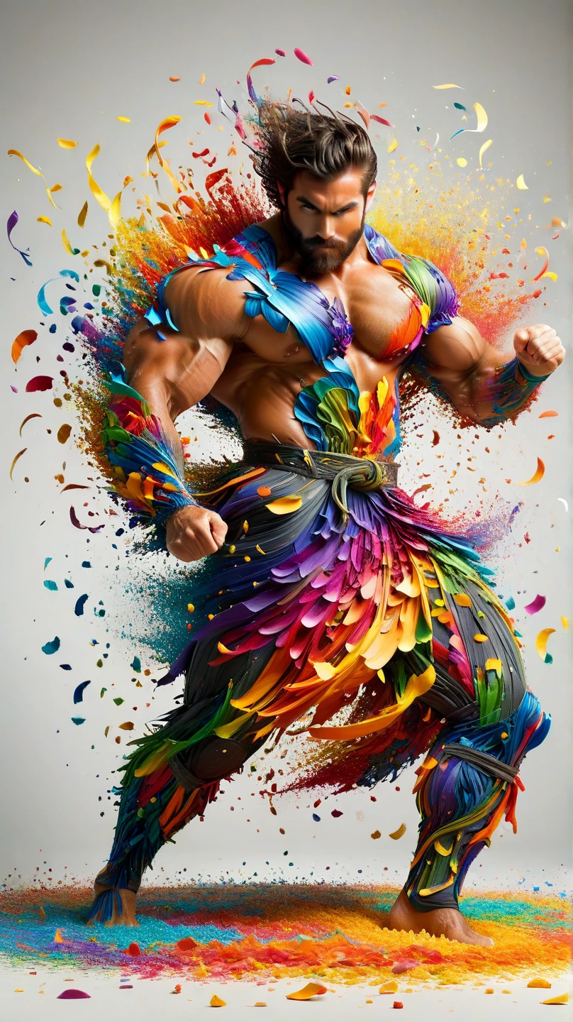 athletic man, wearing a fancy loincloth, colorful body paint, extremely detailed, detailed face, fractal art,colorful,highest detailed, (dynamic pose), (beautiful flowing rainbow rose petals), fractals, abstract background,shiny skin, colorful, flowers, acid colors, illustration, oil painting