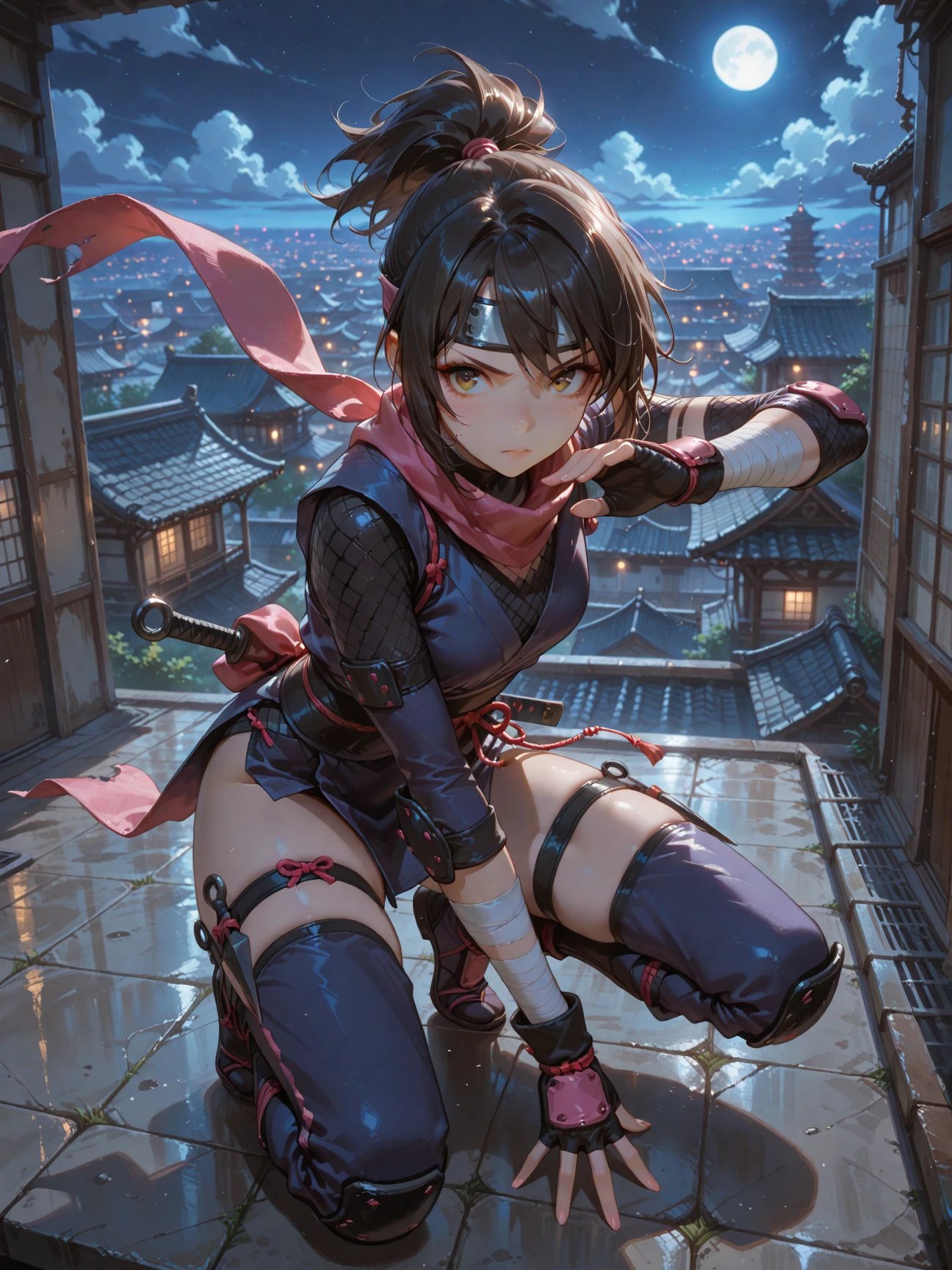 (1 mature female ninja,Age 35), ((Pub,guild)),(smile),Dynamic pose,Dynamic Angle,Pose for a photo,From below,Elderly woman、Trading Card Game Frames、Highest Rare、Five Fingers、Signature mark、Big Butt、Black Hair、Fighting Pose、Ninja costume、Full Body Suit、kunai、Japanese style cyberpunk、A ninja running through a modern city、Short Hair、Fox Mask