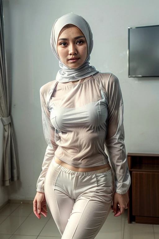 RAW, Best quality, high resolution, work: 1.3), Beautiful Indonesian girl wear hijab, indonesian hijab woman,Highly detailed CG Unity 8k wallpaper, top quality, super detailed, masterpiece, realistic, photorealistic, highly detailed cute girl, 20 years old, full body shot, potrait, bathroom detailed,sweaty skin, blush, parted lips, round eyes , ((erect, emerge, streak)), (( tight thighs, protruding buttock)), (the contour of the legs clearly visible ), cute face detailed, Standing in bathroom, seductive, fat arms, (( wearing Oversized long sleeve white T-shirt )), ((wearing turqoise yoga pants)), erotic, looking seductively, soft smile, plump body, body lighting, looking at camera, long shirt, front view, the contour of upper body clearly visible, cameltoe