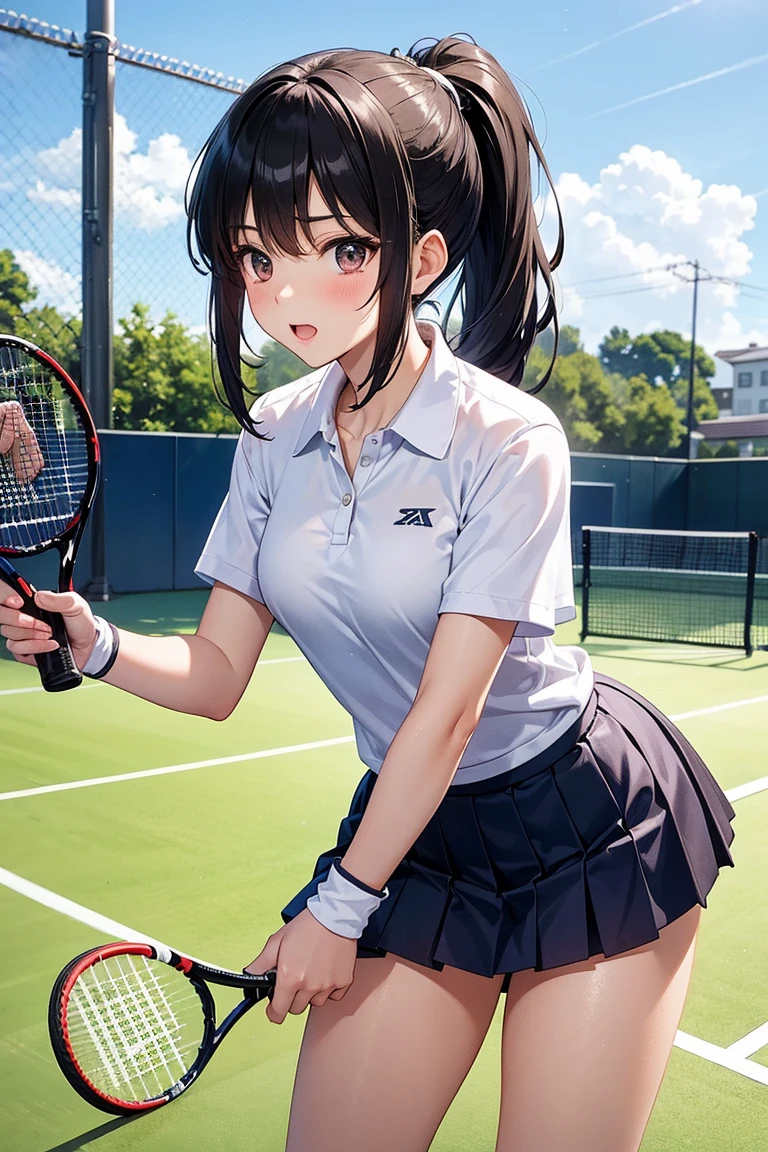 absurdres, RAW photo, extremely delicate and beautiful, masterpiece, Best Quality, ultra high resolution, 32k, hyperrealistic, ultra-detailed, perfect anatomy, super Detailed skin, perfect figure, Japanese woman, late 20s, very Slim body, narrow waist, very small head, handsome detailed woman, very detailed eyes and face, realistic face proportions, Stunning detailed eyes, Realistic beautiful face, very small face, Realistic small beautiful eyes, tearful mole, earring, beautiful and very thin legs, beautiful and very thin thighs, (very huge round breasts), medium hair, black hair, whole body shot, ((Tennis Uniform)), shorts, ((outdoor)),