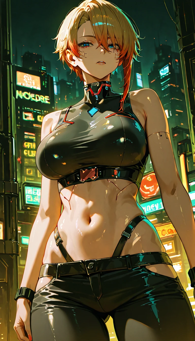 Highest quality))、((masterpiece)、cyberpunk、Big Ass、kneel、Electronic goggles are mounted on the face of a 12-year-old girl，The focus is on the buttocks、Red latex body,Cyberpunk mode、Strike sexy poses、(Lower body clothing、(Yellow hair:1.4),Breast enlargement、Neon lights in dark city at night,Unreal Engine:1.4,Ultra HD,La best quality:1.4, Realistic:1.4, Texture:1.4, masterpiece:1.8,masterpiece, best quality,（Beautiful and detailed description of the eyes）huge , Crazy breast swelling, Chest larger than shoulder blades, Big breasts and thin waist，(huge breasts:1.2)，Hydrated skin（（rogue））（（非常huge乳房）），（（Grooves reveal original skin）)