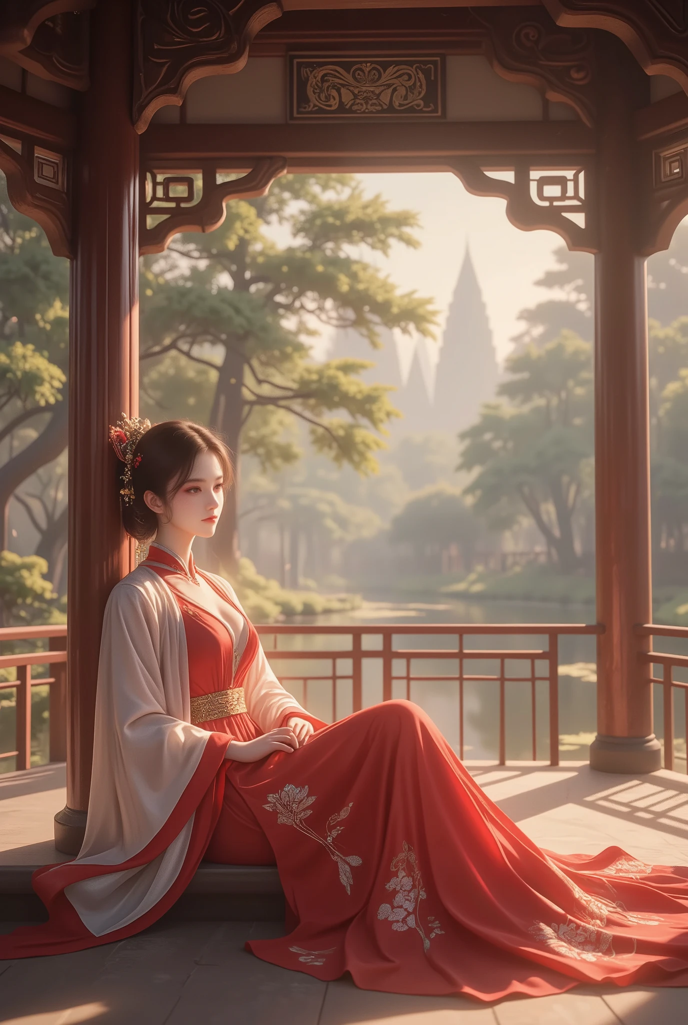 Young woman in red antique Chinese dress sitting at the pavilion