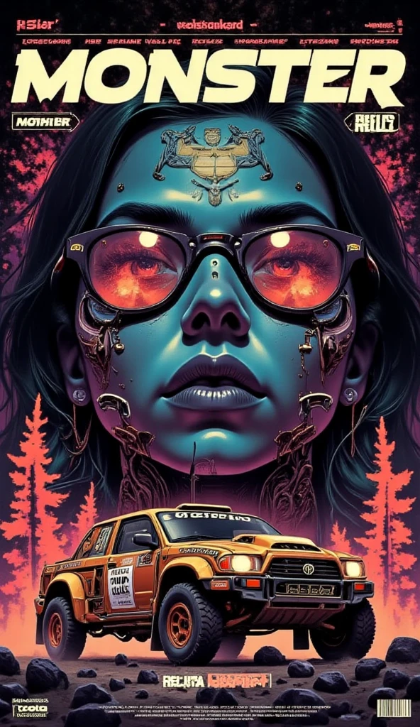 Occult satanic artwork Scarlett Johansson driving a mini sh3lby car, speed, fast, psychedelic smoke, beautyfull natural eye, sppoky forrest, latex,,. Pentagrams, demonic figures, inverted crosses, dark ritualistic horror