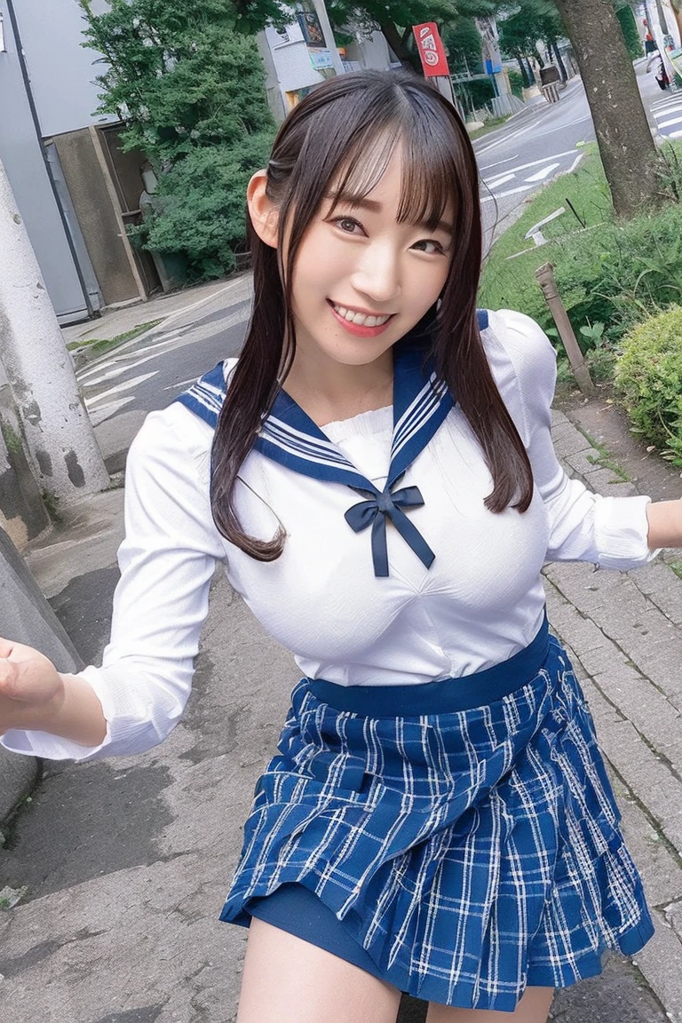 (8k, RAW Photos, highest quality, masterpiece: 1.2), (Realistic, photoRealistic: 1.37), Tokyo cityscape, night, Professional Lighting, Photomapping, Radio City, Spread your legs
(1 person:1.1)、Perfect beautiful composition、(Medium sized breasts:1.2)、(Accentuate your body lines:1.1)、Toned body、((Wearing school uniform:1.2))、(The biggest smile is looking at me:1.1)、(Smiling with perfect beautiful teeth:1.1)、(Beautiful city background with strong blur:1.1)、The most natural and perfect Japanese city、crowd、Natural Makeup、(beautiful thick legs:1.2)、(Ultra-high resolution glossy skin:1.1)、Super high quality glossy lip、(Accurate anatomy:1.1)、(She lifts her skirt to show her panties:1.5)、(Red panties with fine lace:1.2)、(Wearing a sailor uniform:1.2)、((Ultra high definition body))
