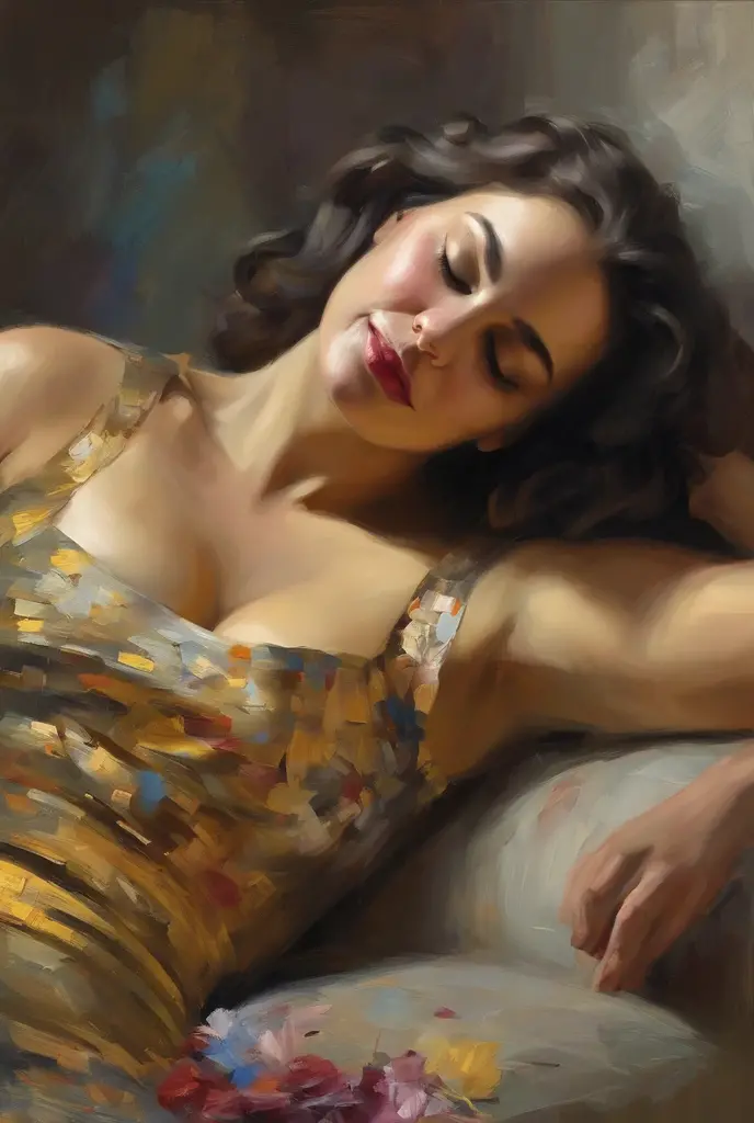 A painting of a woman with her eyes closed, leaning on her hand smiling, wearing a beautiful dress, with exposed cleavage, ((golden ratio}} laying on the sofa after a long night on the town, a sensual painting, a Beautiful expressive painting, Wadim Kashin. Ultra photo realism, Louise Ross, digital painting art, Perceptual digital painting, Stylish digital painting, Bonito painting, glossy digital painting, beautiful digital painting, digital art painting, Fine paintings, ((Rod acrylic paint)).
