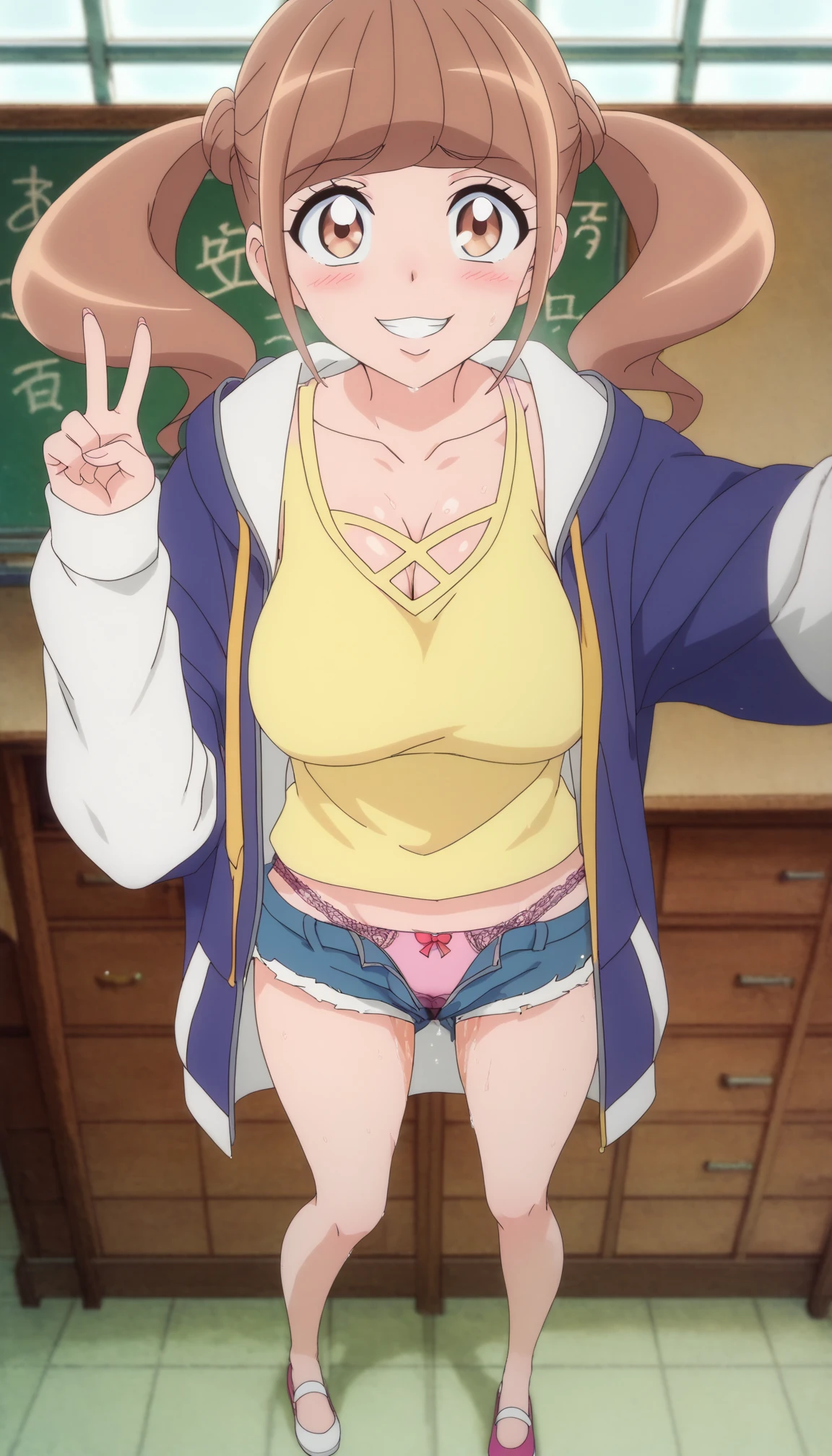(masterpiece, top-quality, hight resolution:1.22), (anime screencap,1.5, anime-keyvisual), (ultra_detailed, 4k, UHD:1.2), (photorealistic, pixiv:1.3), the perfect body, miyoshi kaya, KizukiAi, light brown hair, high ponytail, orange eyes, parted bangs, forehead, 1girl, solo, closed mouth, blush, (sagging huge breast:1.5, Breasts Apart), (slim, hands up, navel), (hoodie, open clothes:1.5), (on back, sleepy), (upper body:1.5, on bed), (perfect detailed anatomy:1.5, beautiful detailed face, beautiful detailed eyes, beautiful skin, perfect detailed arms:1.5),