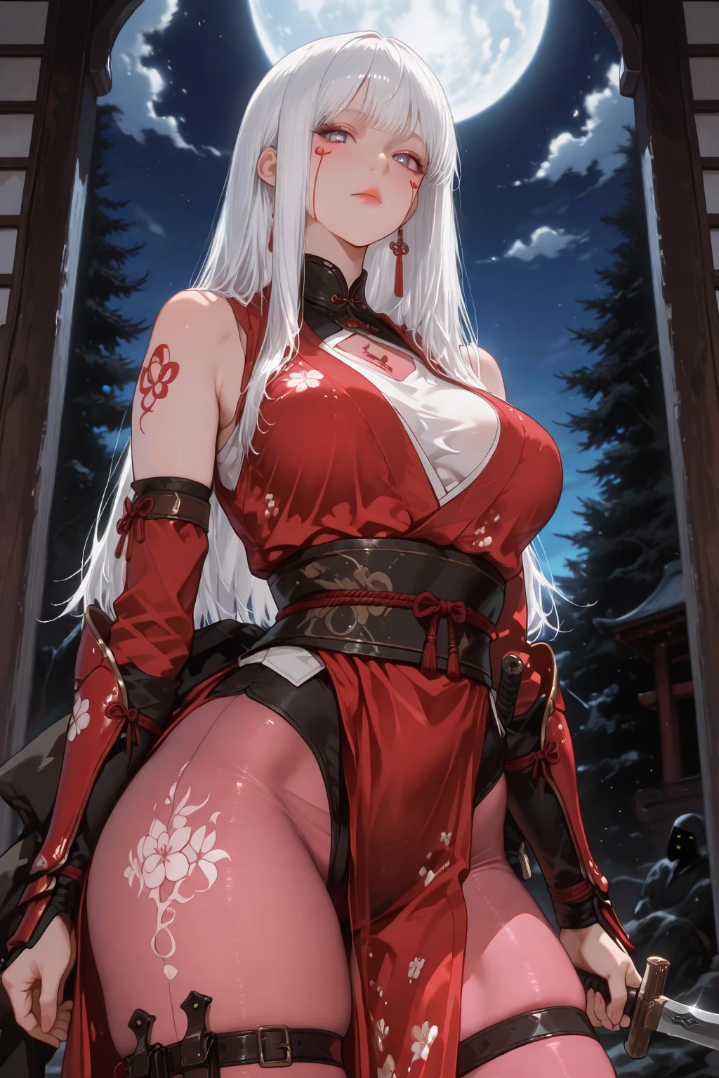 absurdres, RAW photo, extremely delicate and beautiful, masterpiece, Best Quality, ultra high resolution, 32k, hyperrealistic, ultra-detailed, perfect anatomy, anatomically correct, perfect figure, Perfect Style, Perfect balance, super Detailed skin, in her 30s, very Slim body, narrow waist, very small head, very small face, delicate facial features, handsome detailed woman, very detailed eyes and face, realistic face proportions, Realistic beautiful face, Realistic beautiful eyes, tearful mole, earring, medium tits, whole body shot, medium hair, outdoor, inside shrine, red-black costume, (Onmyoji:1.2), white robe, kimono,