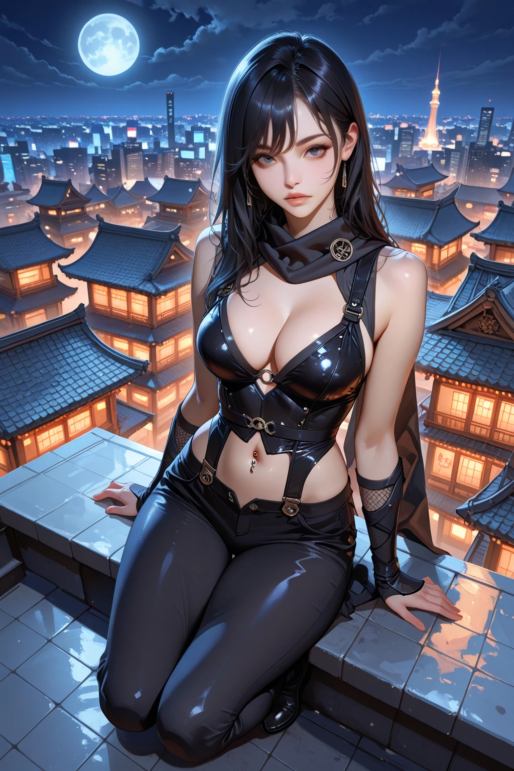 (masterpiece, best quality, ultra detailed, absurdres:1.5), 1girl, (sexy, beautiful woman, perfect face, perfect eyes, perfect female body, large breasts:1.5), (mirabell, dark skin, hair ornament, hair ornament, ponytail, armor, shoulder armor, orange and black leotard, cleavage, armored legwear, gloves, <lora:mirabell-nvwls-v1:0.8>), (full body, standing, outdoors, Japanese city in background, night sky, happy new year), perfect lighting, smooth, hdr