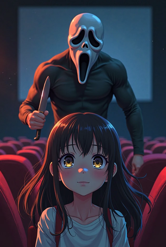 mature woman, pretty face, (((scream movie))), (((huge ghostface))), (((crowd))), (((big screen))), (((side face))), ((hand on own face)), ((2girls snuggle up)), ((cinema seating)), ((scared)), ((crying with eyes open)), ((off-the-shoulder sweater)), cocacola, disposable cup, popcorn, stairs, night, open mouth, huge breasts, wide hips, thick thighs, cinematic lighting, (chiaroscuro:1.2), absurdres, volumetric lighting, (detailed background, complex background:1.2) , masterpiece, perfect face, nice eyes and face, (super detailed), detailed face and eyes, <lora:add_detail:0.5> <lora:hairdetailer:0.6> <lora:GoodHands-beta2:0.8> <lora:girllikescreammovie:1>