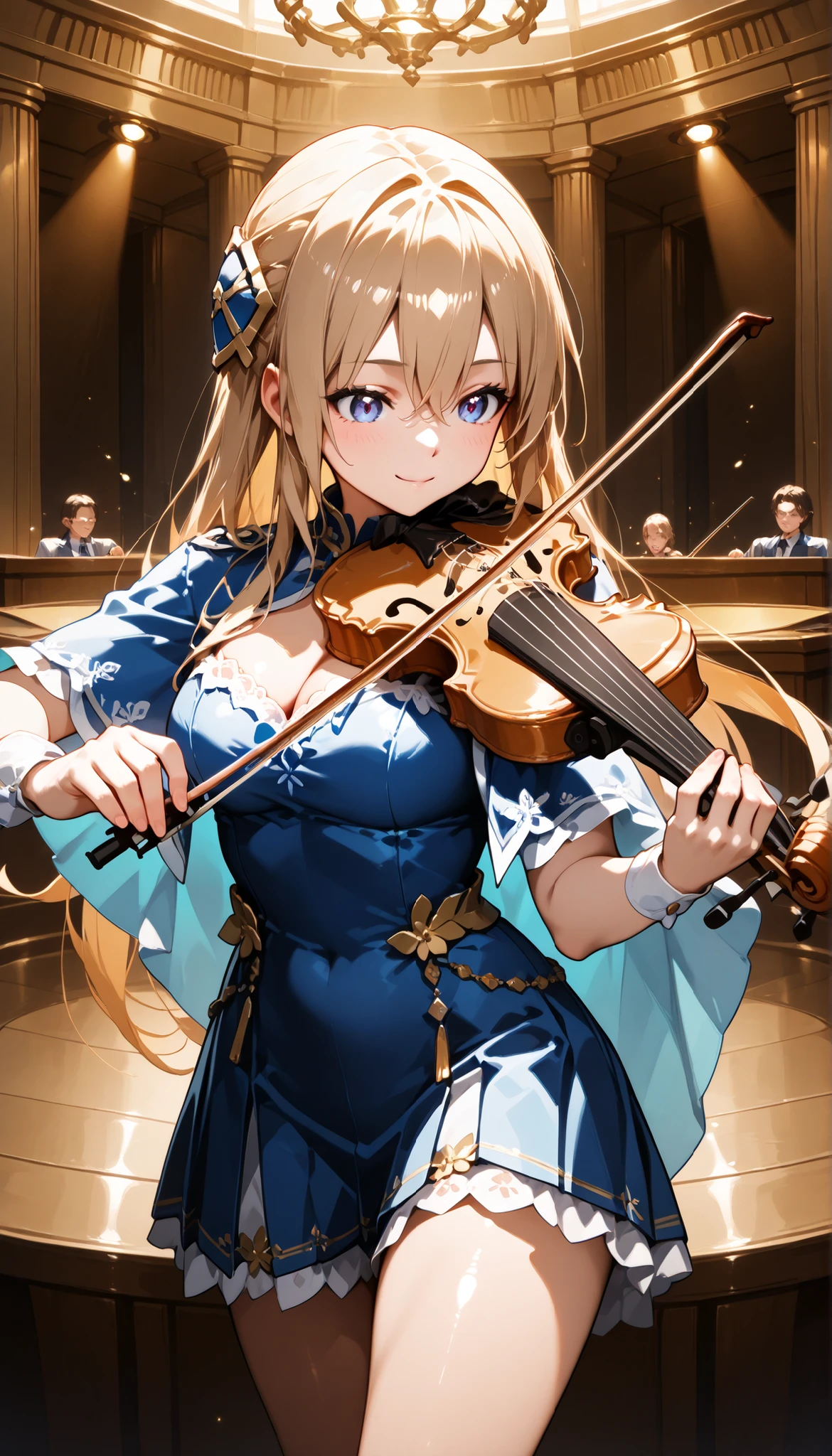 ((Super Detailed)), (Very elaborate CG illustrations), (top quality:1.2), Ultra highly detailed, Colorful Composition , Artistic Photo Shoot, 1girl, single focus, ((above the thigh:1.4)), ((cowboy shot:1.4)), Delicate facial structure , ((Ideal Body Ratio)), long hair、purple eyes、HAIR BETWEEN EYES、bungs、hair ornament、blond hair、非常にlong hair、floating hair、brown hair,blue capelet,(Shirakawa Yuina), ((playing the violin)), ((Super Detailed violin)), ((top quality violin)), hold a bow in my hand, plump breasts, ((red semi-formal dress with gold decorations)), From the front, I was embarrassed expecting 1 girl , Pink Cheek, blush, light pink gloss slip, Sparkling Falling Petals, top quality, masterpiece, standing in a classical concert hall, orchestra, Luthier, Portrait, Dynamic Pose, depth of field, soft lighting, sidelighting, (Shine), lighting, caustics, Ray Tracing, smile, perfect face, shiny skin, very detailed face on the hair, that equalizes the size of the left and right breasts, perfect face, Perfect Nose, Perfect Hair, perfect eye, Complete Anatomy, beautiful hair, beautiful small face, very detailed face on the hair, Beautifully Detailed Eyes, beautiful collarbone, beautiful body, beautiful plump breasts, leaf, My chest is clenching , extremely detailed eyes of, beautiful thin thighs, beautiful legs, beautiful fingers , Four fingers, one thumb, Lovely, (very detailed background:1.0), (very detailed background:1.0), Spring Aesthetics , complicated details, enjoy the atmosphere of the performance, spring color palette, Color Difference