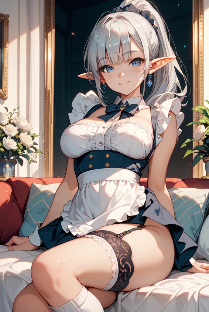 ((masterpiece、Highest quality、Super Fine、High resolution、Genuine、Sharp focus))、Face Light、((And yet delicate and beautiful))、Female Elf、Deedlit、((Blonde Hair))、((Ponytail)),Round face、Sexy figure、Blue and white armor、in the forest、((Black knee-high socks))、Fantasy Characters、((Large Breasts)),Sexy Costumes,((Bright eyes)),Armor that emphasizes cleavage,sit,((Spread your legs wide)),White sexy underwear,Embarrassed,Watery eye,((Pull up your skirt)),nsfw:1.9,spread legs,