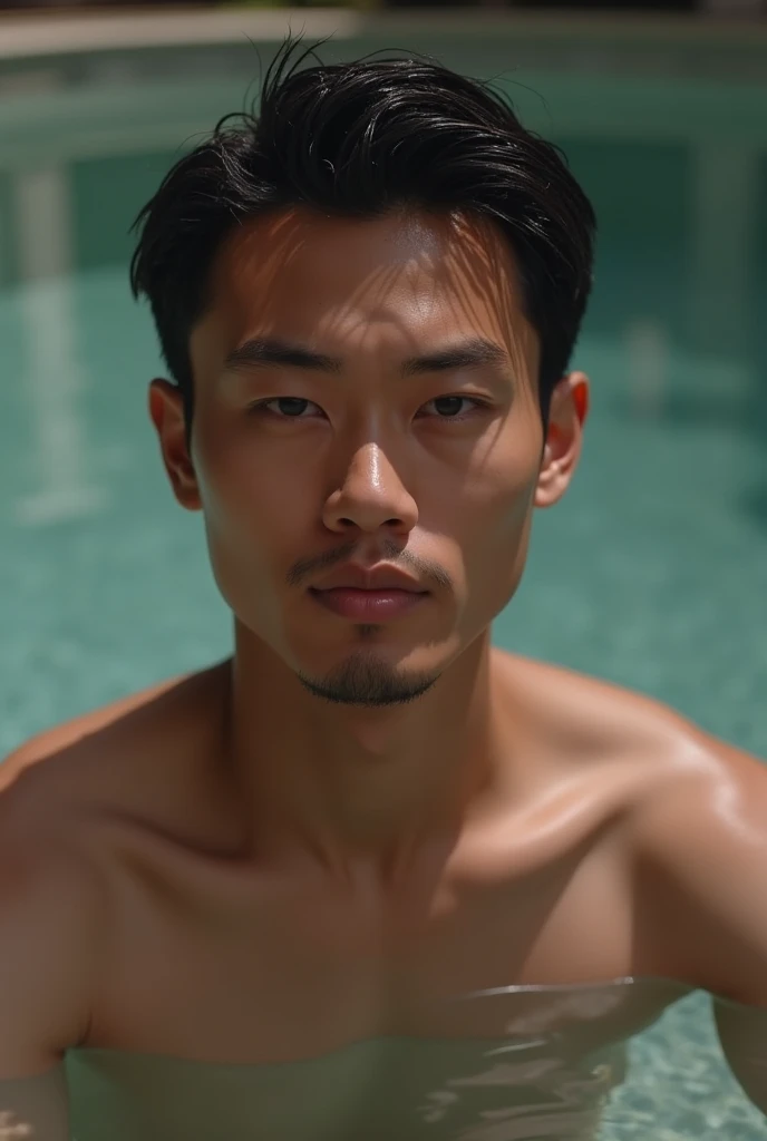 good looking male Black Hair Mushroom cut swimming