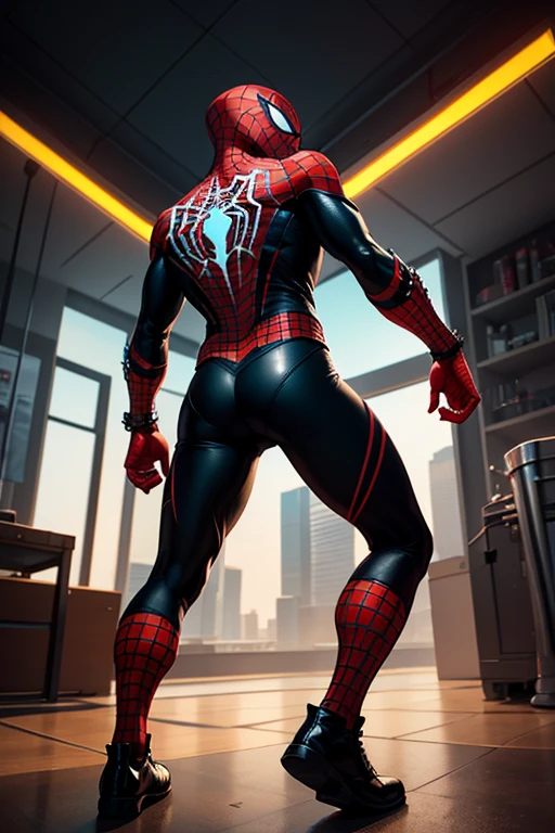 Raw photo, Handsome young man ,detailed body contours with Spider-Man cosplay, very large bulge in pants
