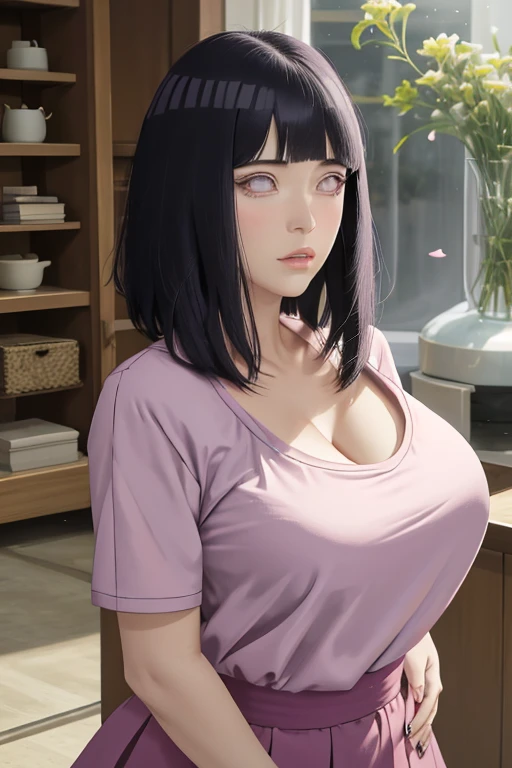 Chubby, Curve, thick, Made, absurderes, Hinata\(Boruto\), 1girll, Solo,Mature female, view the viewer,Perfectcomposition, Detailed lips, big breast, Beautiful face, body chubby, Blush, (white lips), Long hair, Purple eyes, Soft gaze, angry smile, Super realistic, Detailed, photoshoot, Realistick faces and bodies,(perspire,Sweat a lot,Blushlush,Be red in the face,Blushlush),(Bigboobs),japanese house,Stand at the door,natta,raining day, ((short dress)), ((cleavage)), sideboob, dark hair, sleeveless, thighs, full body