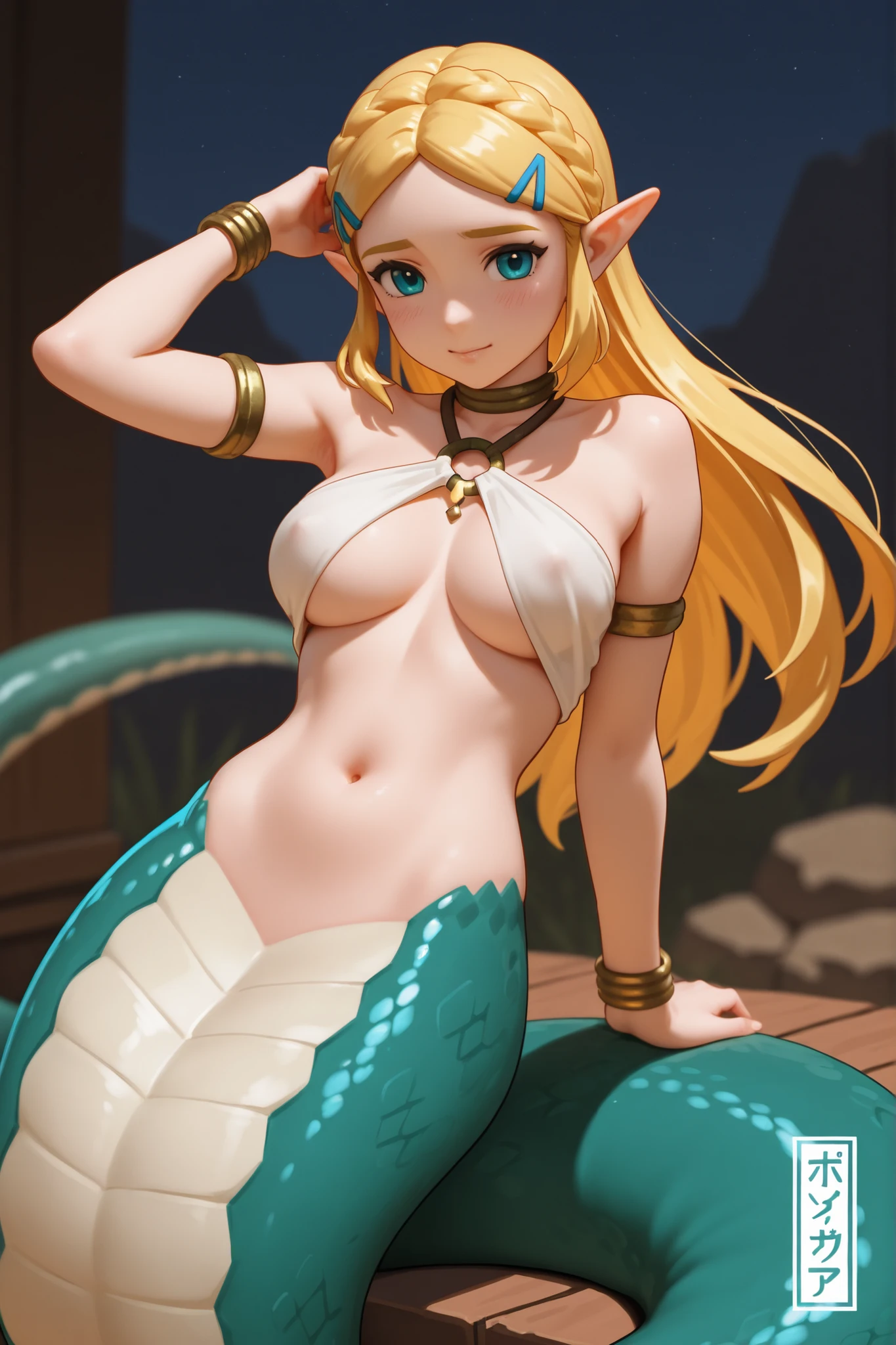Anime girl. Long blonde hair. red eyes. Wet skin. Nude, no clothing. Massive breasts. nipples. Laying on back. Vulva, vagina. Beach. Ocean. Water. Wet skin. Arms above head. Sunbathing. Tanning. Lamia. Snake tail.