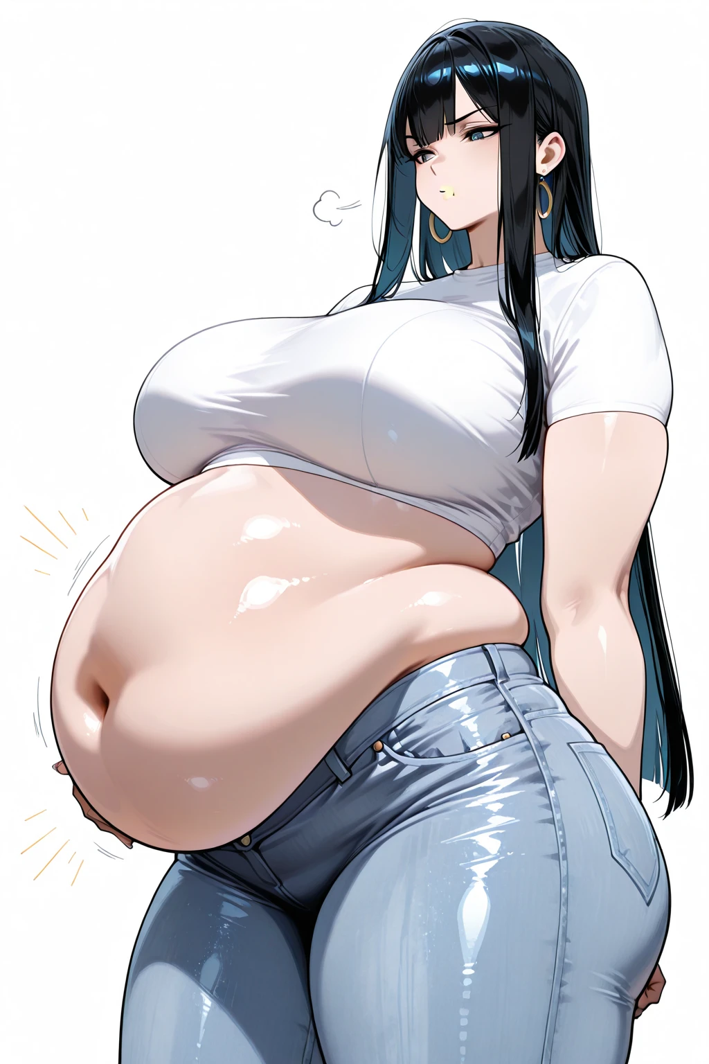vore, big belly,  simple background, emotionless, expressionless, aloof, beautiful, masterpiece, best quality, extremely detailed face, perfect lighting, 1girl, solo,