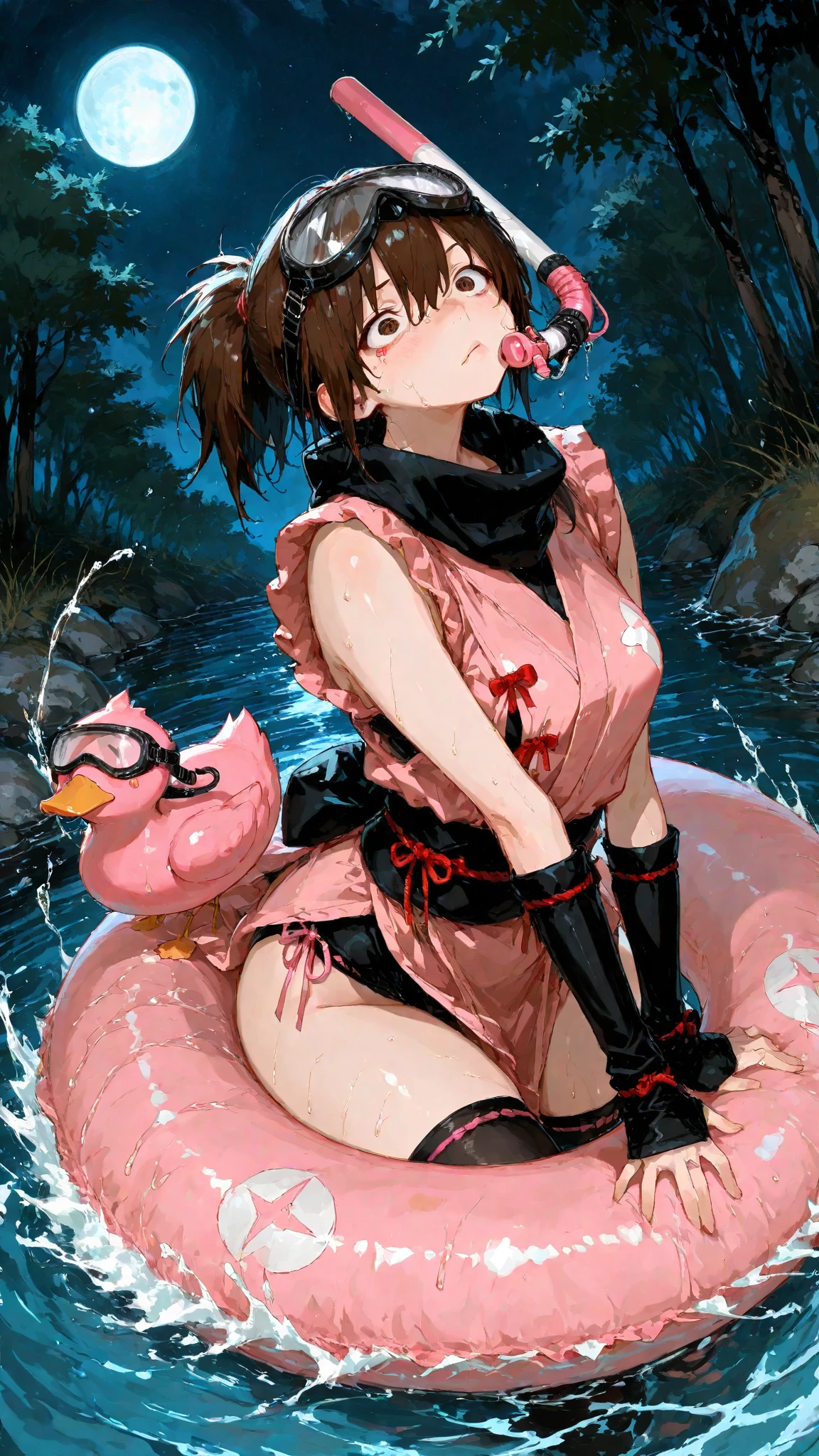 Magazine Cover,Maid-style swimsuit,Legendary Flower,Schillingshot Costume,(フリルのついたcollar, Blindfold,handcuffs,Sex slave),Watering the flower,Pee,Sweaty skin,Love Vibrator, Wet crotch vibration,Juice drips from the rope, Wide-open legs, collar,Tie your ankles with rope,garden,Gonzo Porn