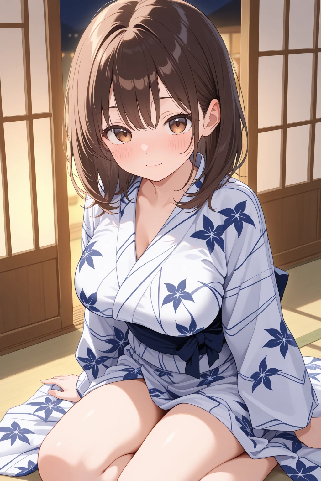 Cute beautiful girl、、naked、(blush:1.5)、Laugh shyly、Brown skin、Open yukata、Beautiful breasts,Tied up hair