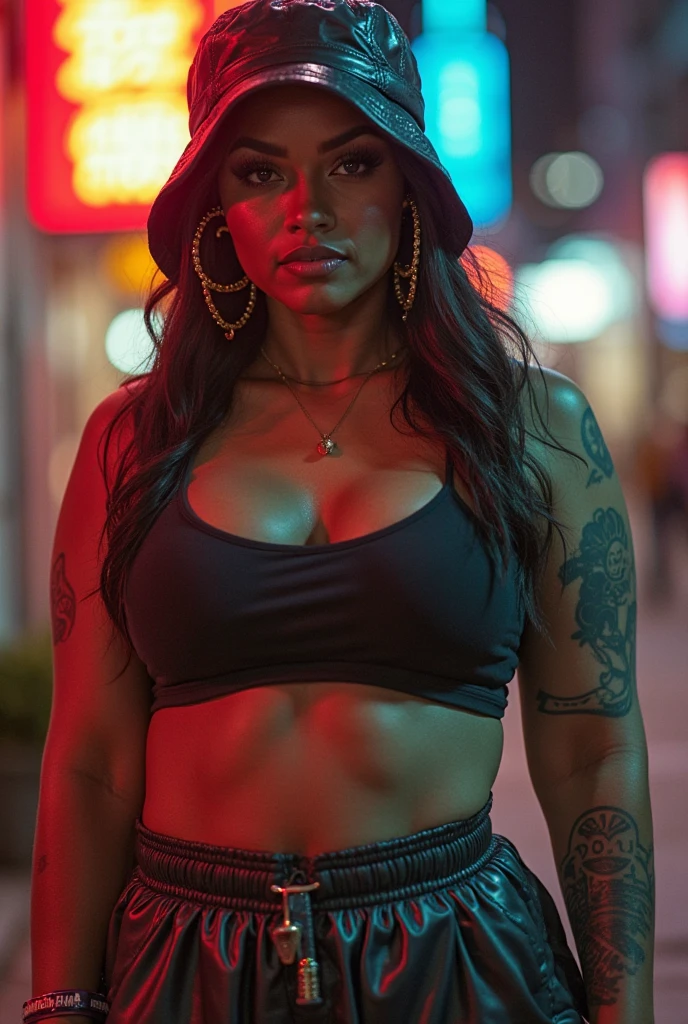 Uma garota negra de cabelo Cacheado estilo Black Power,cor da pele negra, Cyberpunk clothing style with reference to spider man punk is punk style, realista, detalhado, many details in the eyes is in the clothing