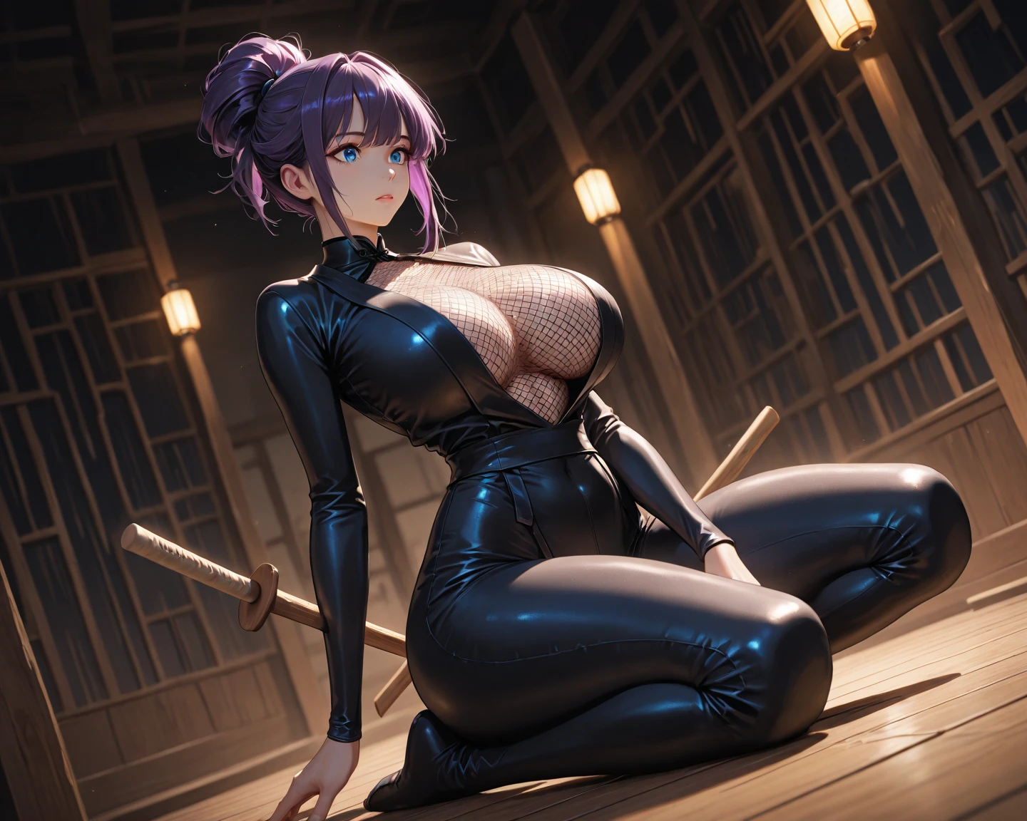 1girl,solo,super detailed skin,shiny skin,wet oily skin,natural face,lips gloss,eyelashes,glowing purple eyes,pale purple hair,short hair,swept bangs,large breasts,high leg body suit,cameltoe,Shinobi clothes,fishnet,kneeling,arms behind back,simple background,masterpiece,best quality,ultra detailed,high resolution,sharp focus,depth of field