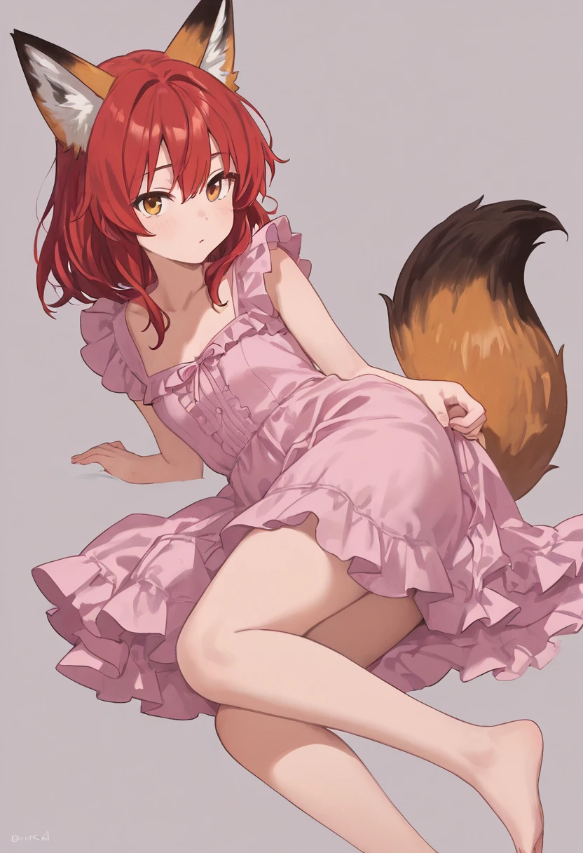 A stunning cat girl with an irresistible allure, her beauty enhanced by her vibrant red hair that cascades down her back in soft, gentle waves. Her striking emerald green eyes are framed by long, thick eyelashes, and her porcelain skin seems to glow in the warm light. She stands with her legs slightly bent, her hands resting delicately on her slender hips, accentuating her curvy figure. Her tail, adorned with a fluffy, red fur, swishes gently back and forth, adding to her feline charm. She wears a fitted, crimson dress that hugs her curves, its hemline ending just above her knees, revealing her smooth, pale legs. Around her neck, she has a collar adorned with a small, silver bell, a symbol of her feline nature. The background is a soft, pastel shade of pink, adding to the ethereal atmosphere of the image. Her red hair and green eyes seem to glow against the pale pink backdrop, making her appear even more striking and enchanting.