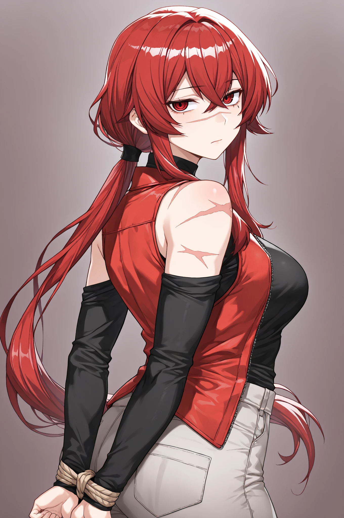 1girl, red long hair,crimson eye, light smile, 4-pointed golden star under her neck (attached with her suit), a part of her hair tied to the left, tall, big breast, black tight suit (sleeveless, 2 parts of the suit covering he boobposed middle part between boobs), tight high black collar (covering a small part above her breast)), black gloves.