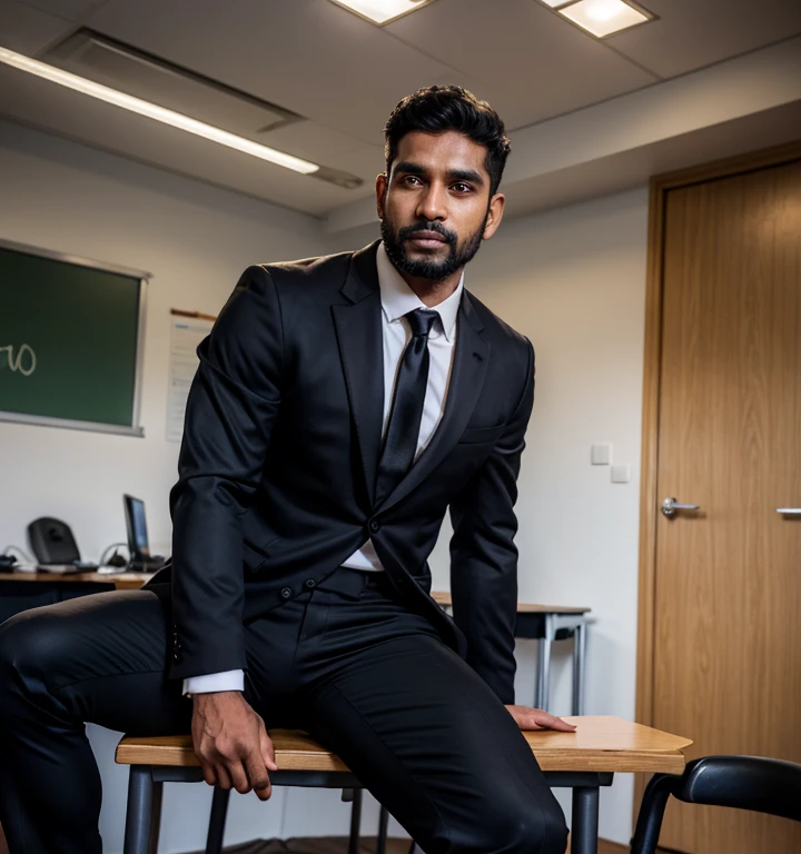 30 year old attractive man, One Man,、 muscular man。 black suit ,black tie、 black slender pants 、short hair 、classroom、sitting at desk、 black suit、black tie、 black slender pants 、 Sri Lankan man front in the sky Stubble Menacing look 褐色肌のSri Lankan manの顔 Upper body close-up