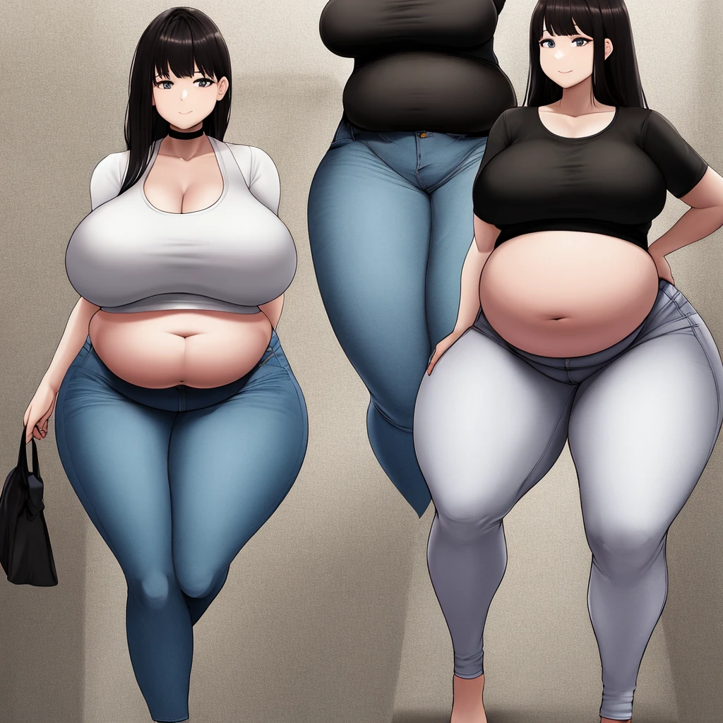 ((highres)), Masterpiece, high quality, best quality, beautiful, perfect lighting, detailed face, ultra cute face, (((3girls))), one girl has blonde hair, blue eyes, crop top and shorts skindentation, one girl has brown hair, green eyes, jeans, white shirt, tight clothes, one girl has, Short black hair, brown eyes, crop top and shorts full body, fast food restaurant, medium breasts, hyper hips, fat thighs, ((wide hips)), ((thick thighs)), ((plump)), large breast, huge breast, fat belly, chubby belly, fat folds, belly hang, standing, touching each other, belly grab,