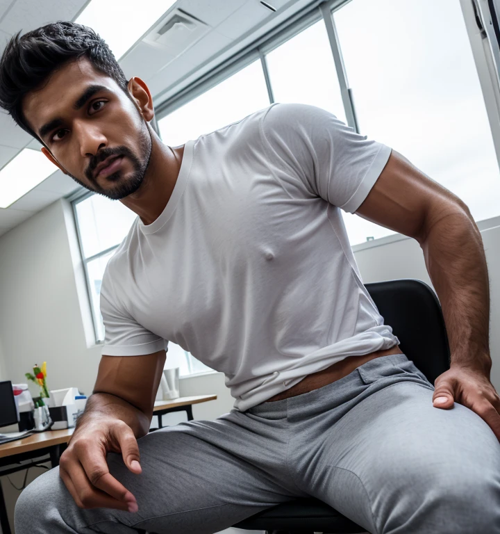 A sexy indian man, nsfw, homoerotic, sitting on a chair, black hair, headphones, , Surrealism, 8k, super detail,handsome face,?????,cinematic lighting,ultraHD, masterpiece, 16k resolution,cleavage ,shirt, small gentle smile , piece full 
