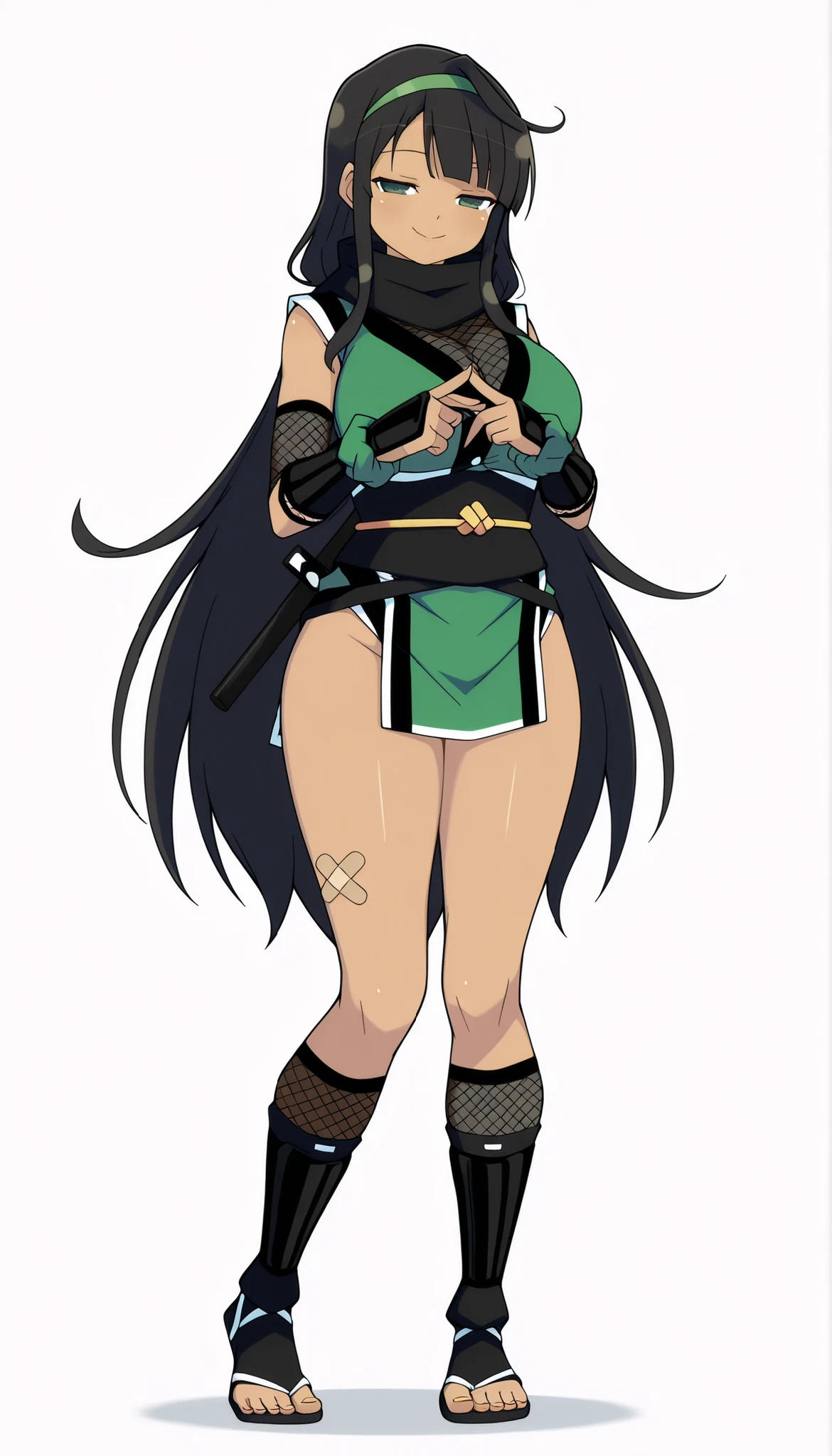 ((Highest Quality)), (Simple background), 1girl, full body, standing, breast, thighs, smile, seductive, half-closed eyes, dark skin, green eyes, black hair, very long hair, side bangs, single hair intake, gyaru, wrist scrunchy, green hairband, bandaids on legs, Full body:1.5, (Ninja outfit), (Ninja costume), (Ninja clothes), (Senran Kagura Clothes)