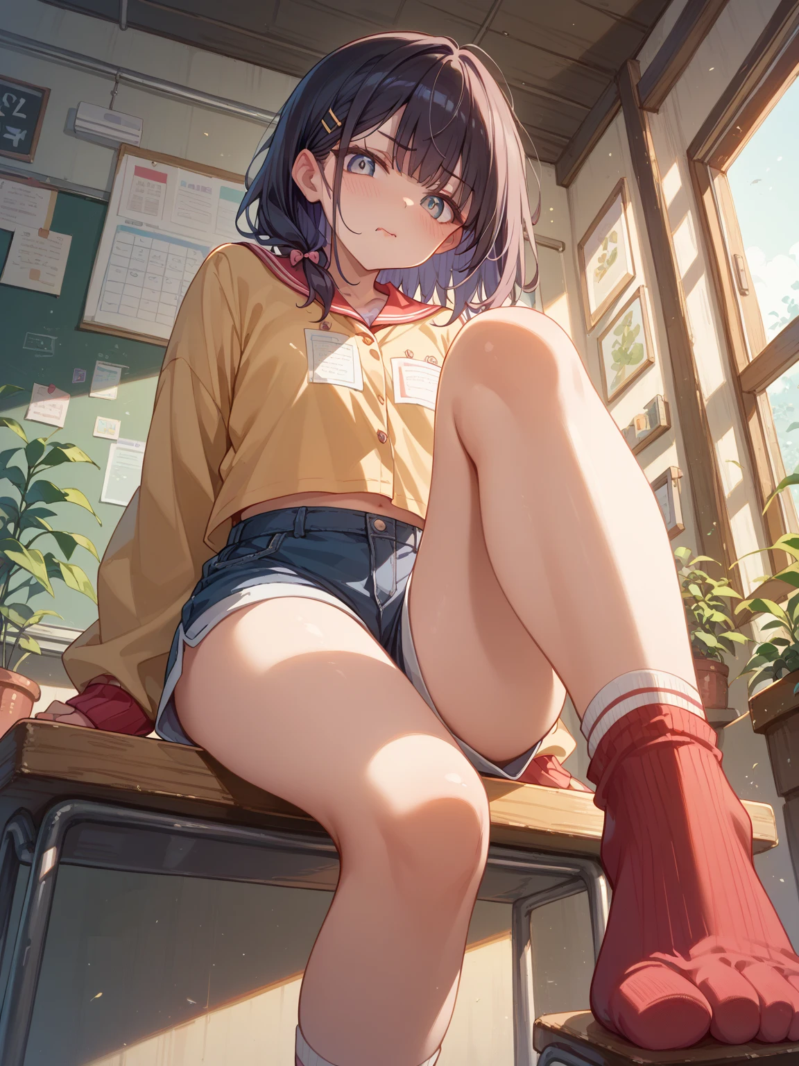 A Female robot is sleeping in the book, spread legs, nude, banzai pose. she wears no dress. She Brown short hair is tied with two big red clothespins, She lifts up the under hem of her white plain dress, leaning over, masterpiece, very short pigtails,brown hair, mature, android, blue eyes, full body figure, Height: 160cm, flushed cheeks, 2020s anime picture, A beautiful robot with short brown hair in two short pigtails held up by two very large huge red clothespins, Uplifting, No NSFW, whole body, barefoot, archaic smile, getting orgasm, 25 years old, sweat bucket. short sleeve shirt, pleated skirt, beautiful scenery, evening, skirt lift, no panties, genitals visible, full body shot, sexy face, inverted nipples.