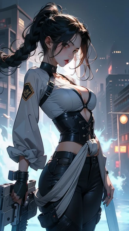 1female,35yo,plumw,extremely large bosom, 独奏,(Background with:Huge machinery,droid,aerodrome,Planes,Huge mechanical armor,) She has very short black hair,bobo head,Stand on the plane,,seen from the front, hair straight, mostly cloudy sky,(((tmasterpiece),(Very detailed CG unity 8K wallpaper),best qualtiy,cinmatic lighting,detailed back ground,beatiful detailed eyes,Bright pupils,Blue eyes,Snow-whiteskin,Redlip(Very fine and beautiful),(Beautiful and detailed eye description),ultra - detailed,tmasterpiece,))facing at camera,A high resolution,ultra - detailed),revealing breasts,Bare genitalia, Bulge,legs are open,Raised sexy,Camel toes,Flushed complexion,Desire for dissatisfaction,frontage,British Air Force,Aviator,Officer's cap(Wearing:blazer jacket,tailcoat,White color blouse,Bare breasts)Ancient China