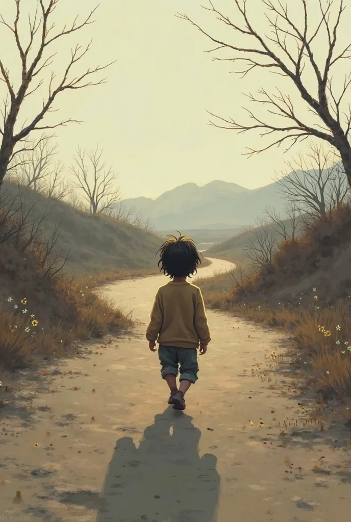 A boy with his shadow stand on the road 
