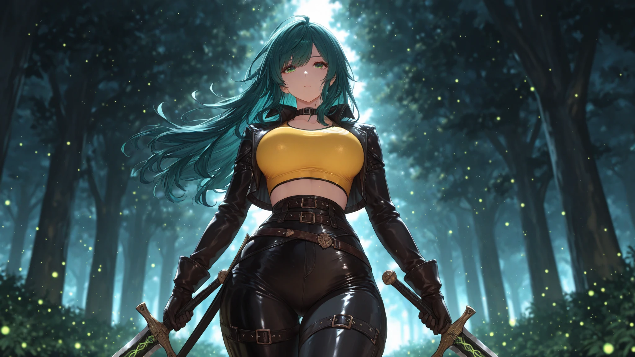 a provocative archer girl whit pink and green hair in a Monster Hunter-inspired pose, with detailed eyes and lips, wearing vibrant and intricate armor and holding a bow and arrow. The artwork is created using a mix of illustration and 3D rendering techniques, resulting in a visually stunning mixed media piece. The scene is set in a dense forest, with lush foliage and beams of sunlight filtering through the trees. The girl's confident and determined expression captivates the viewer, while her dynamic pose showcases her skill and agility as an archer. The colors in the artwork are bold and vivid, with a slightly desaturated and muted overall tone to create a realistic and gritty atmosphere. The lighting is dramatic, casting deep shadows and emphasizing the girl's strong features. The image is of the highest quality, with ultra-fine details to bring every aspect of the artwork to life.