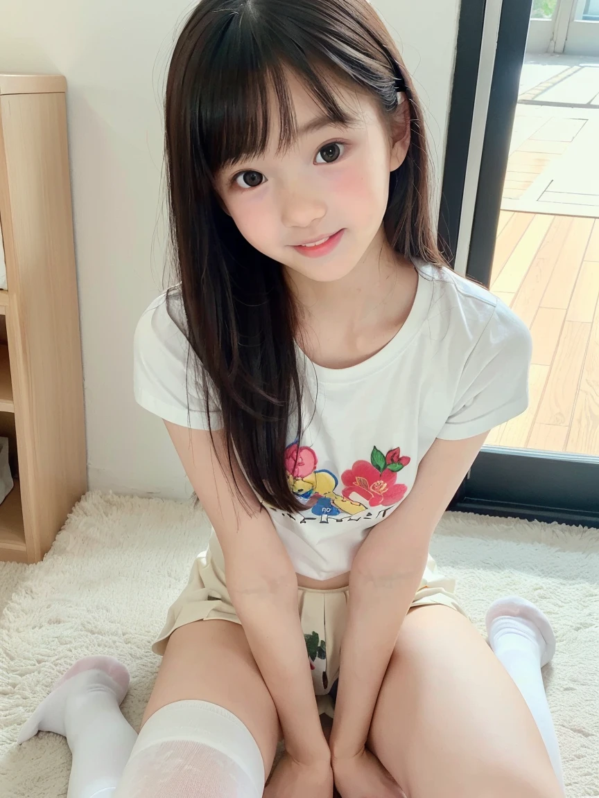 Japanese,Beautiful 6 years old,Baby Face、Upper body image、Ultra-flat chest:1.85、Ultra short height、An innocent smile、Flat Chestのクローズアップ、Flat Chest:1.85、cute,Primary school students,Primary school studentsの私服、Summer clothes、So small and so young、On the bed:1.85、She has her arms open wide waiting for a hug:1.85
