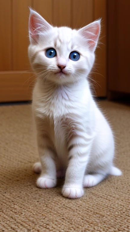 Draw a realistic drawing of a white kitten with black dots, a baby called flakes, jumping on a bounce house.