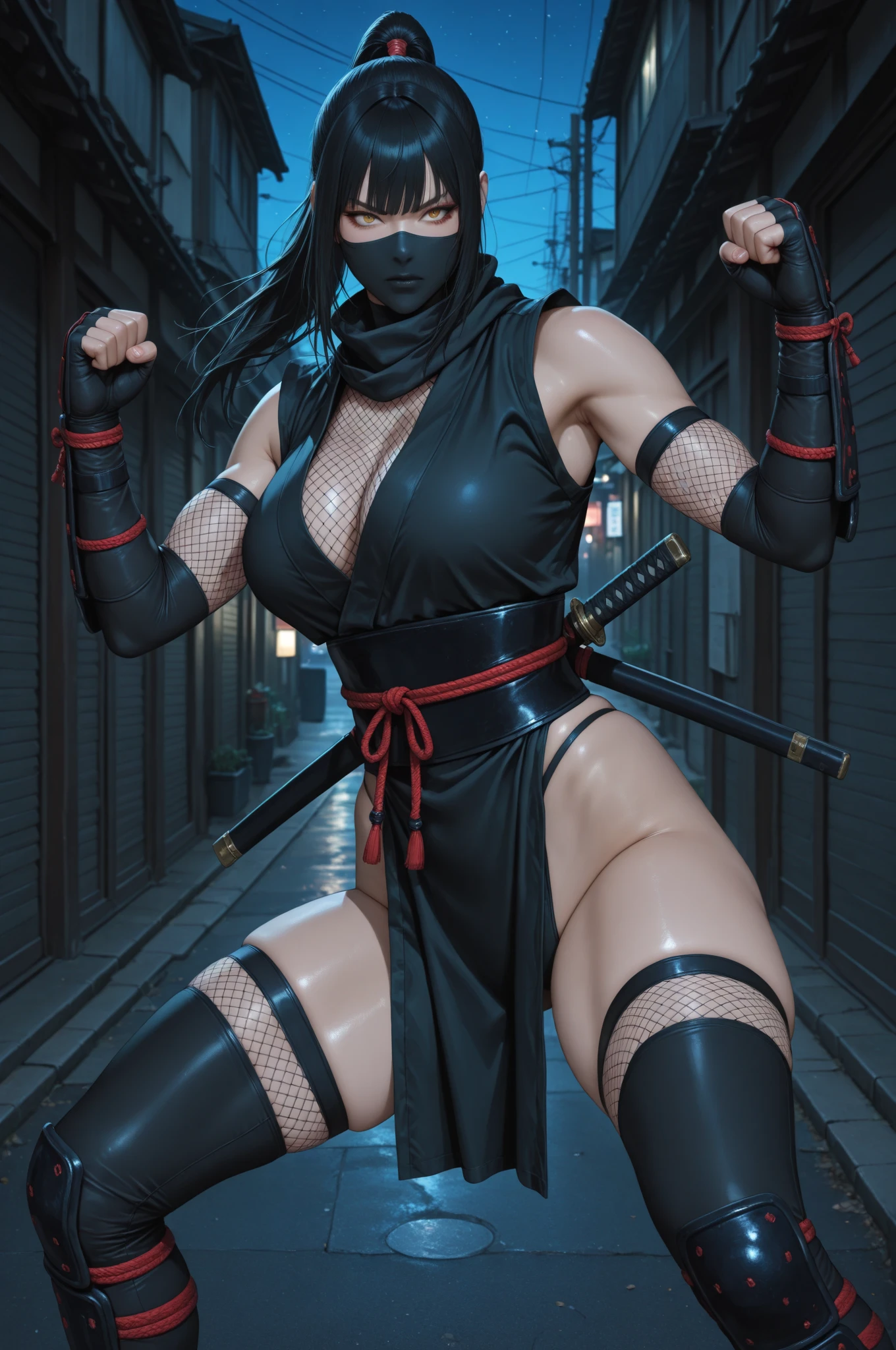 (1 mature female ninja,Age 35), ((Pub,guild)),(smile),Dynamic pose,Dynamic Angle,Pose for a photo,From below,Elderly woman、Trading Card Game Frames、Highest Rare、Five Fingers、Signature mark、Big Butt、Black Hair、Fighting Pose、Ninja costume、Full Body Suit、kunai