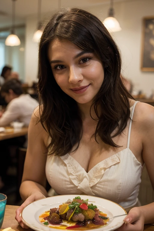 Beautiful French woman, long wavy brown hair, wearing a white silk blouse, unbuttoned, cleavage, front view sitting inside a modern restaurant at night, very detailed, 27 years old, natural wave hair, high-res, masterpiece, best quality, intricate details, highly detailed, sharp focus, detailed skin, realistic skin texture, texture, detailed blue eyes, red lipstick, professional, 4k, perfect fit body, extremely detailed, photo_\(ultra\), photorealistic, realistic, post-processing, maximum detail, roughness, real life, ultra realistic, photorealism, photography, 8k uhd, photography (grain of film) medium shot for closeup shot atmospheric dark lighting