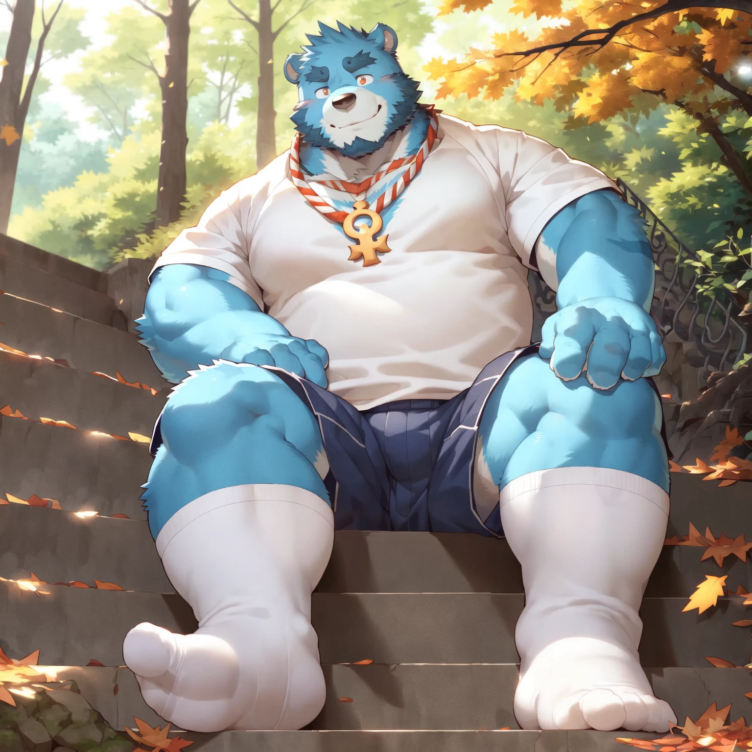 (by null-ghost,by raccoon21:0.5),(by zixiong:1.1),(by takemoto arashi),(kemono:1.2),solitaryfurry,shiquanjie,blue bear,male focus,furry male,blue fur,(detailed eye:1.2),(beard:1.1),(necklace:1.2),(smile:1.1),solo,sitting,,belly,white t-shirt,shorts,(fallen leaves:1.1),(front view:1.1),(sit on the steps:1.2),(white socks:1.1),